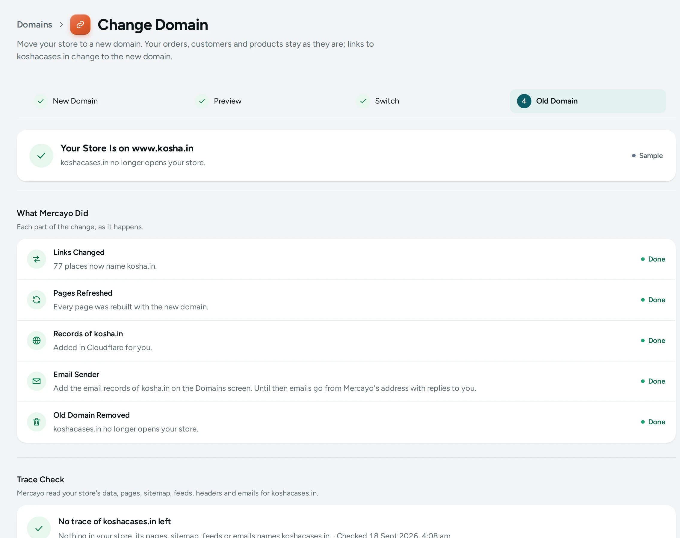 A finished change of domain on the Kosha demo store: the steps, what Mercayo did and the trace check