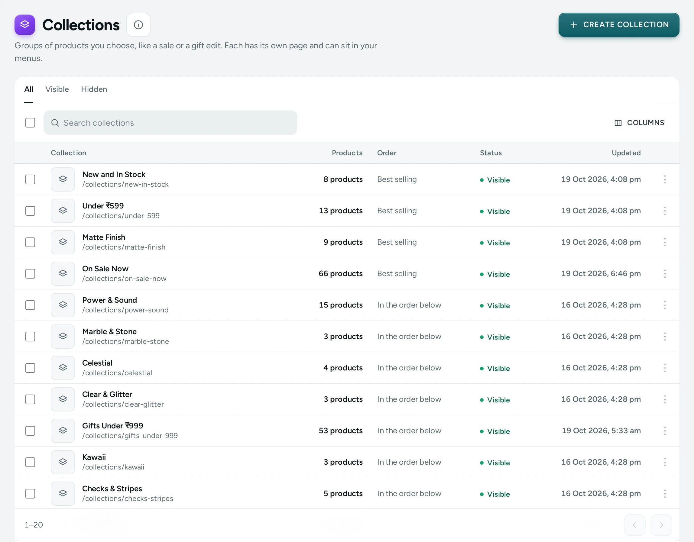 The Collections list on the Kosha demo store