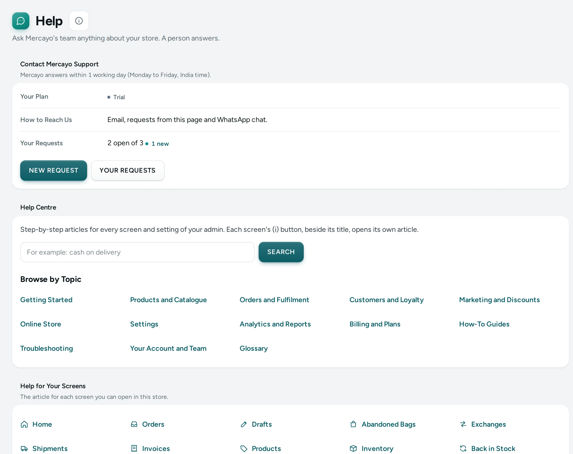 The Help page in the admin
