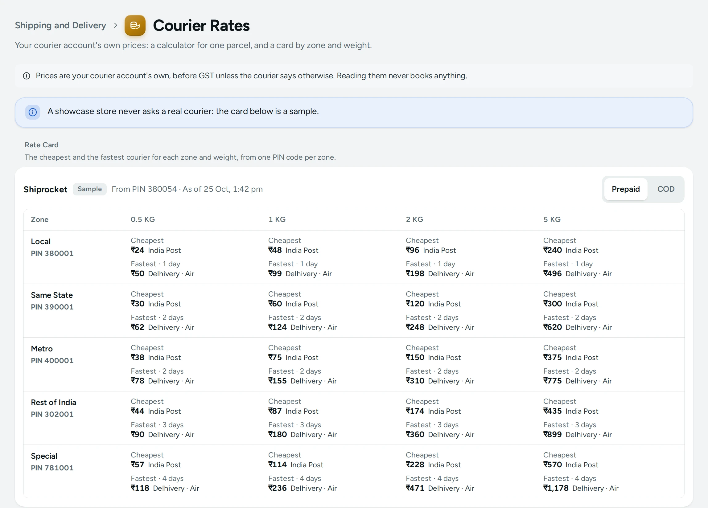 Courier Rates on the Kosha demo store: the rate card by zone and weight