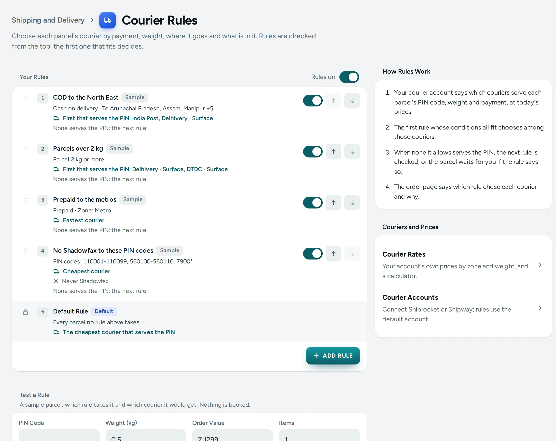 Courier Rules on the Kosha demo store, with four sample rules and the default rule