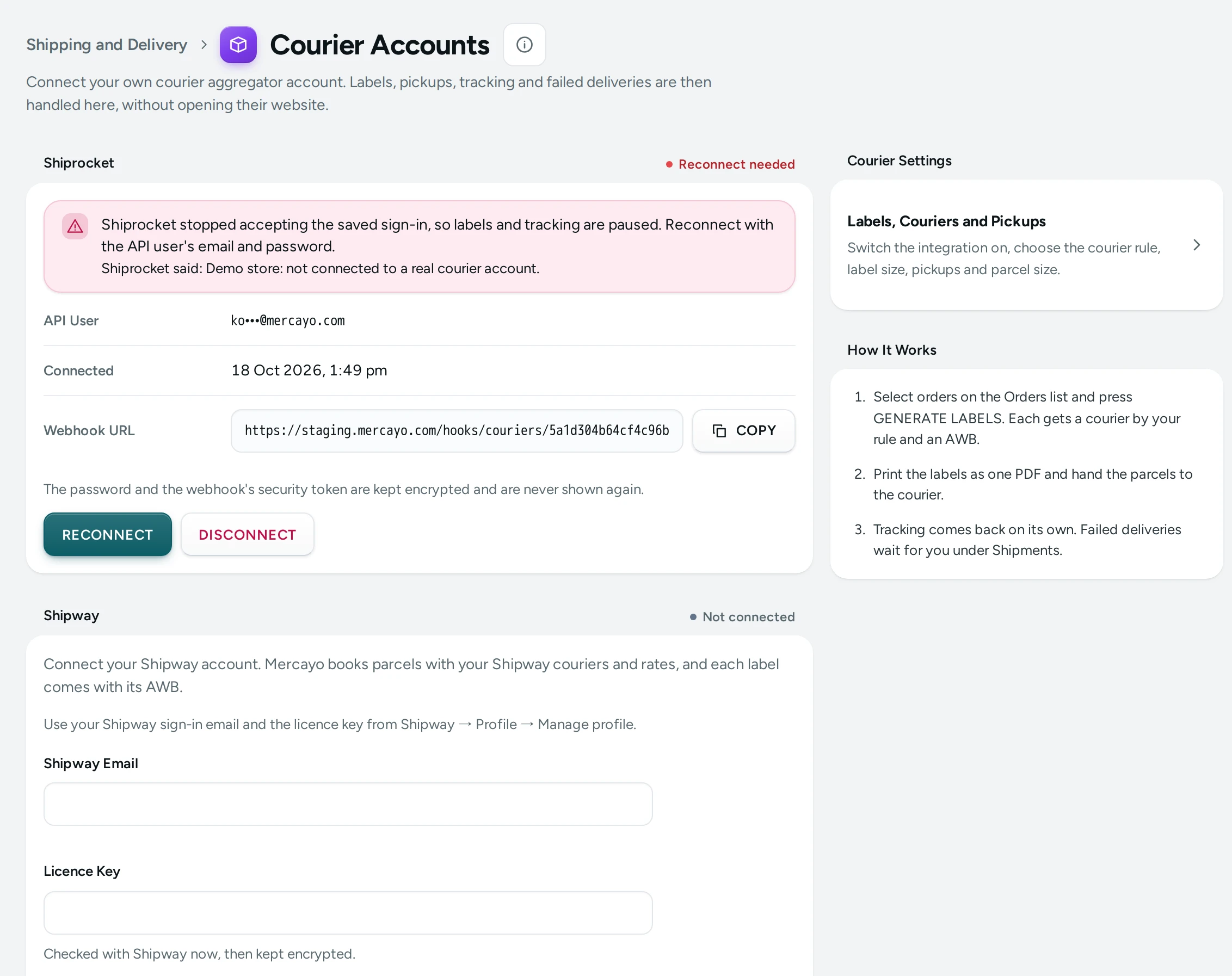 Courier Accounts on the Kosha demo store