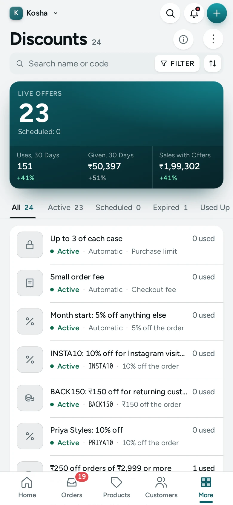The Discounts list on a phone, with the round + button