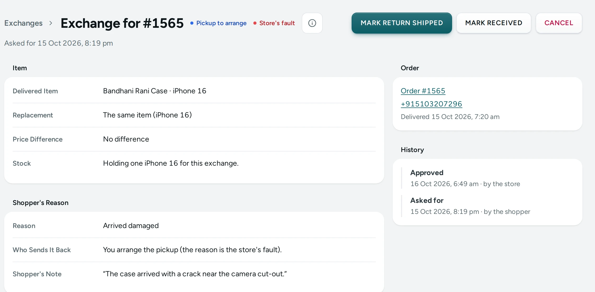 An exchange on the Kosha demo store: the item, the shopper's reason, the order and the history