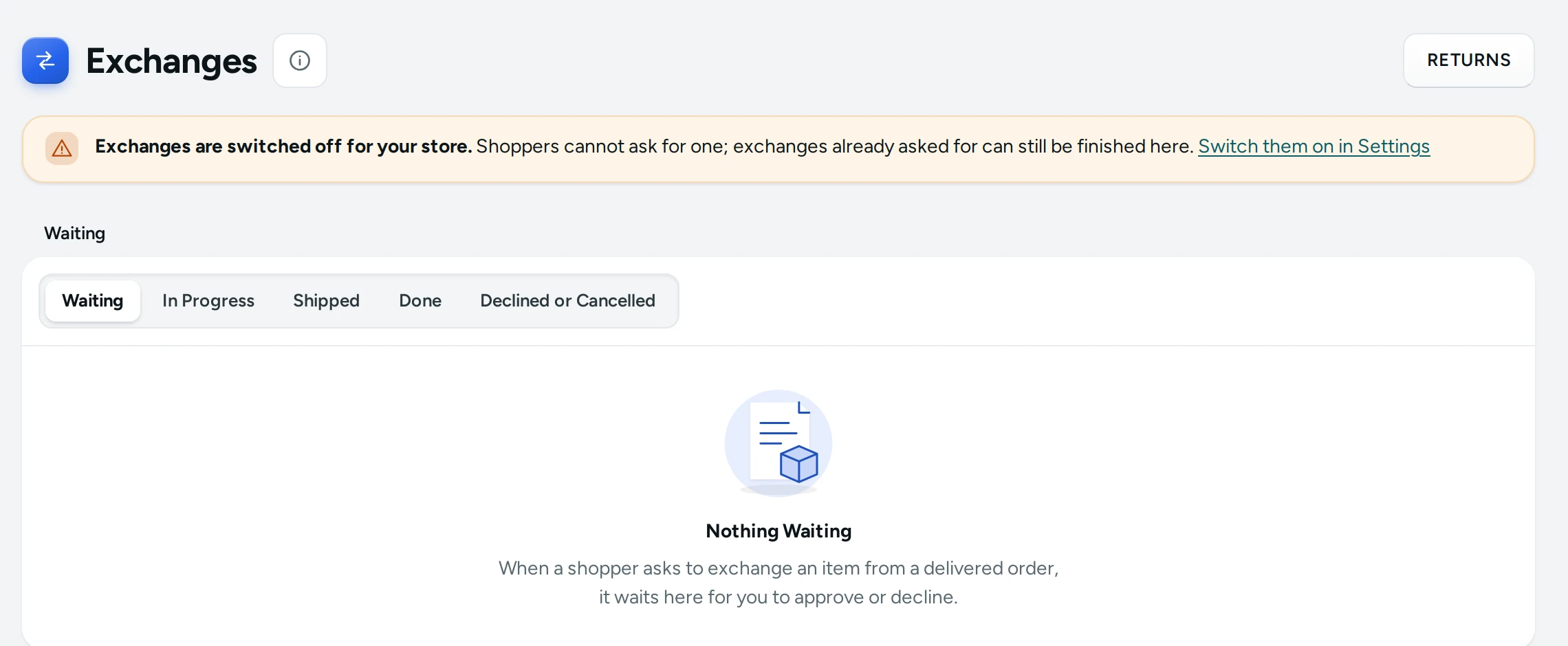 The Exchanges queue on the Kosha demo store, on the Waiting tab
