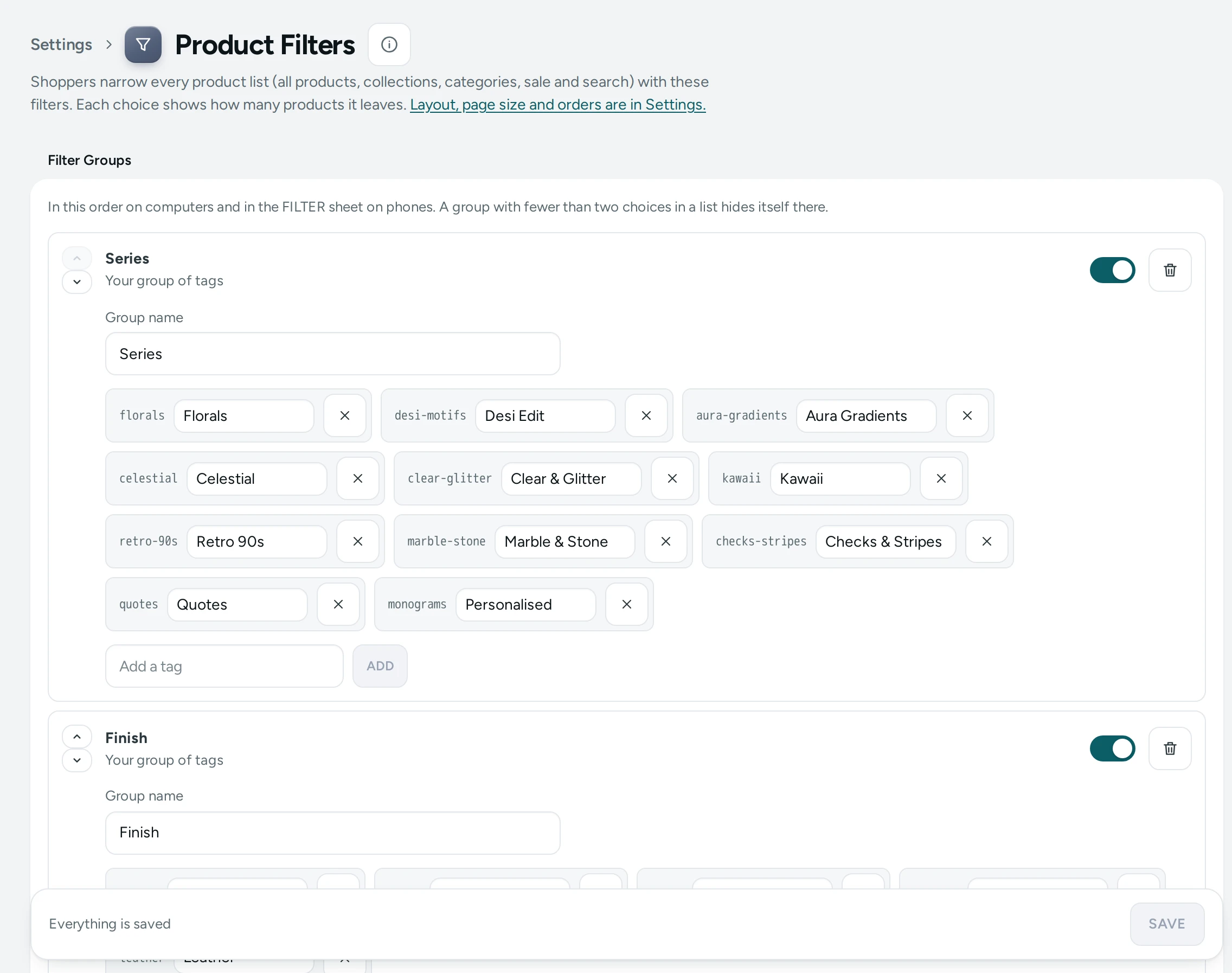 The Product Filters screen on the Kosha demo store: filter groups, quick filters and badges