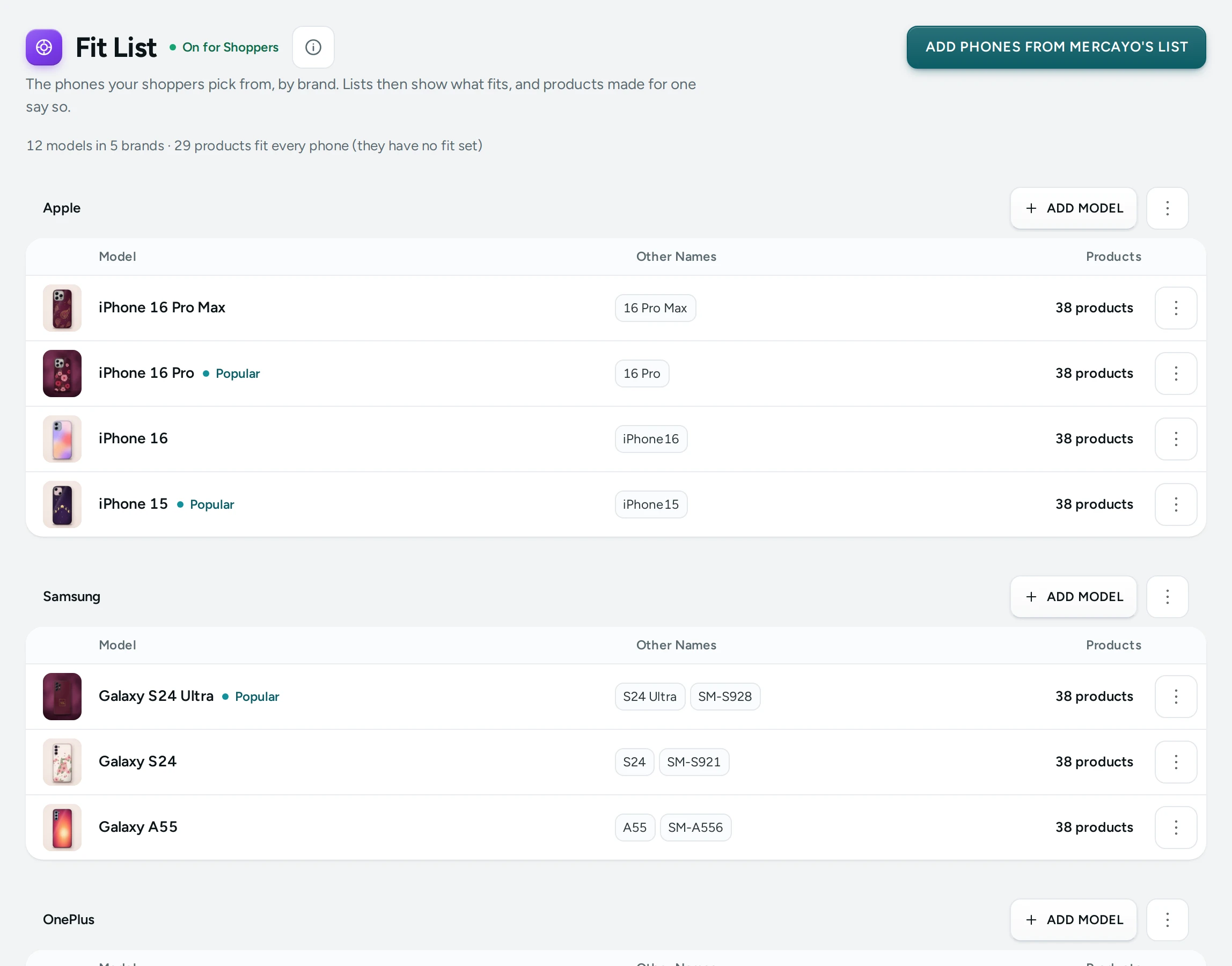 The Fit List on the Kosha demo store, brands with their models and product counts