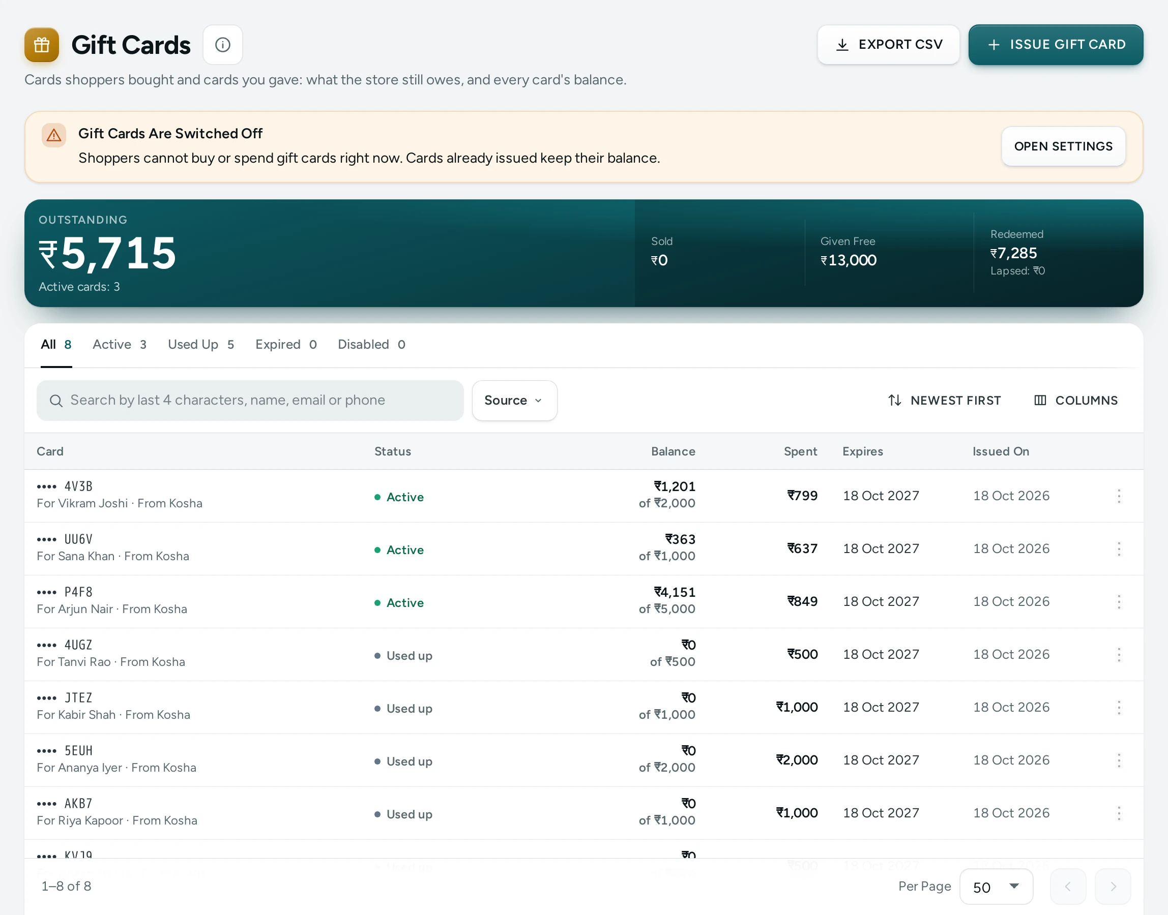 The Gift Cards screen on the Kosha demo store, with the totals strip and the cards table