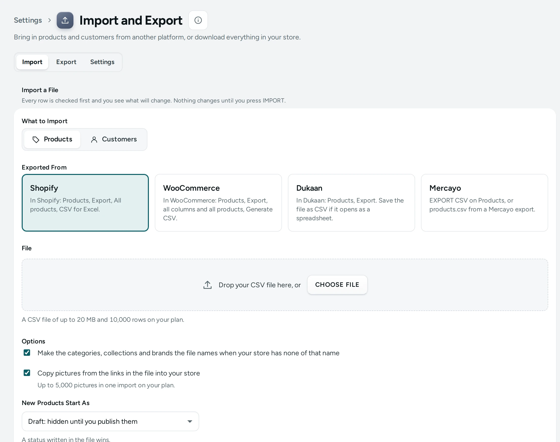 Import and Export, the Import tab