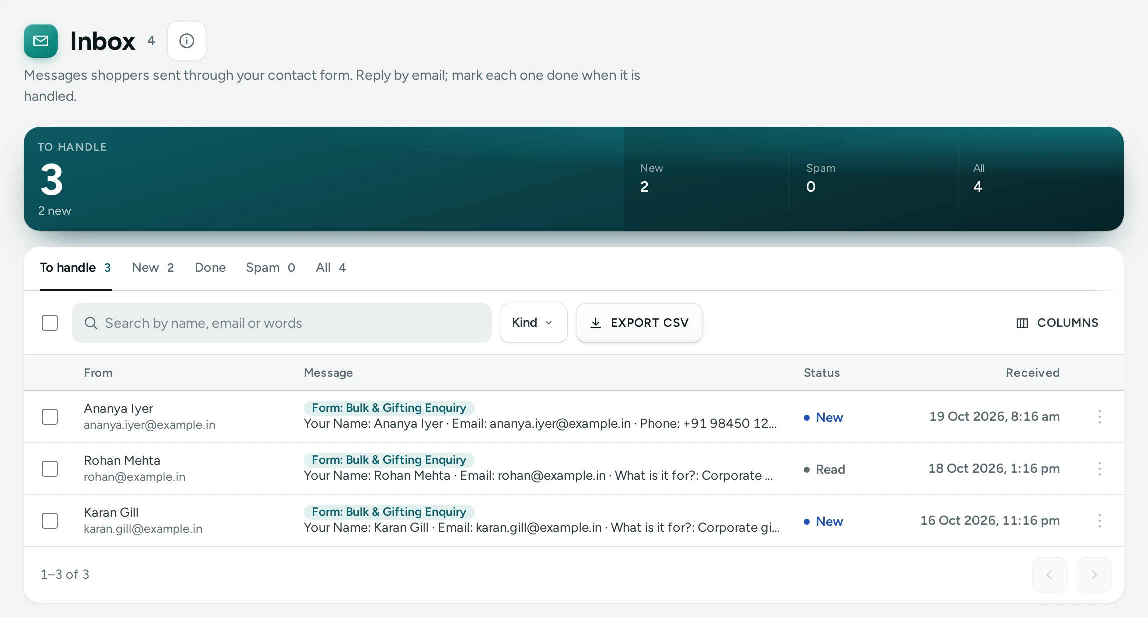 The Inbox on Kosha, with the To Handle view