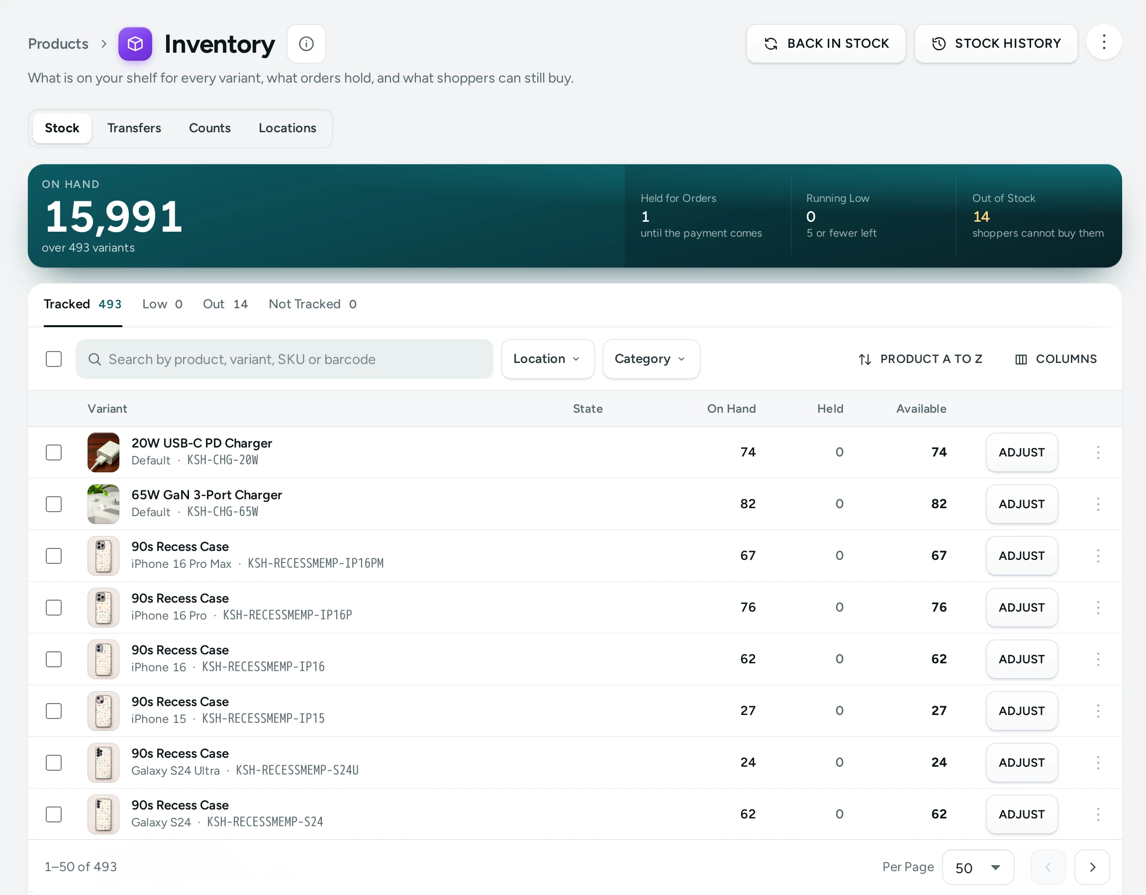 The Inventory screen on the Kosha demo store, with the stock summary and the variants table