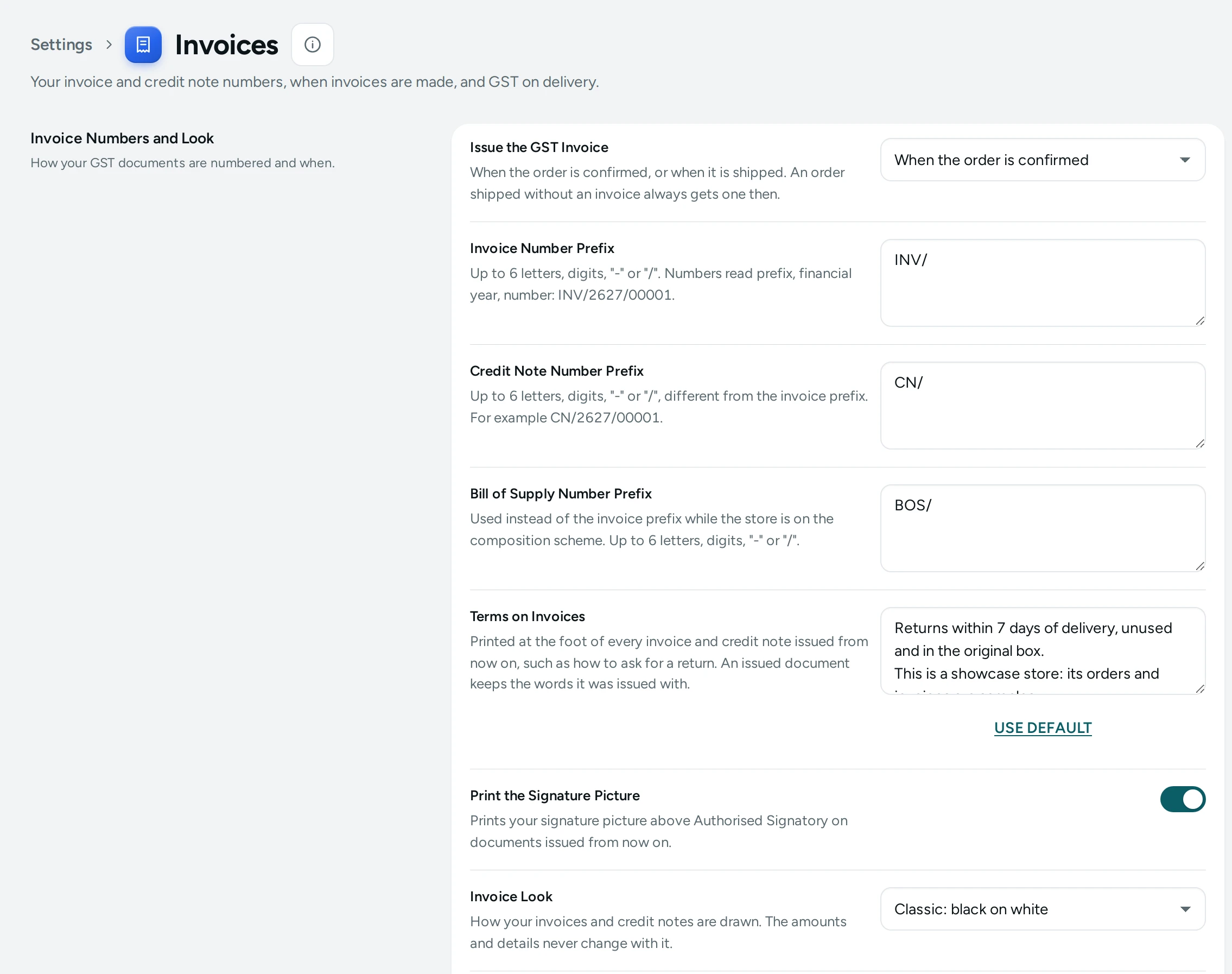The Invoices settings page on the Kosha demo store