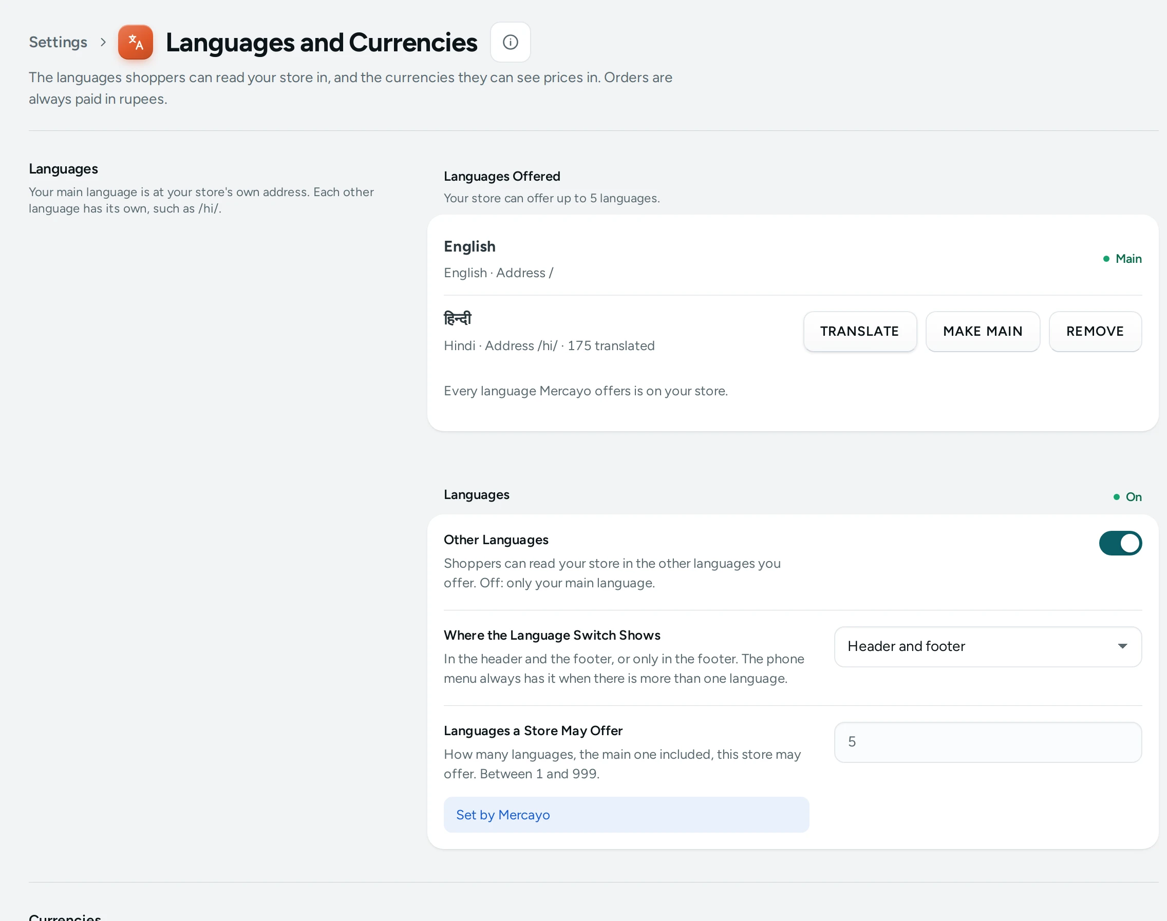 Languages and Currencies on Kosha, with Hindi offered