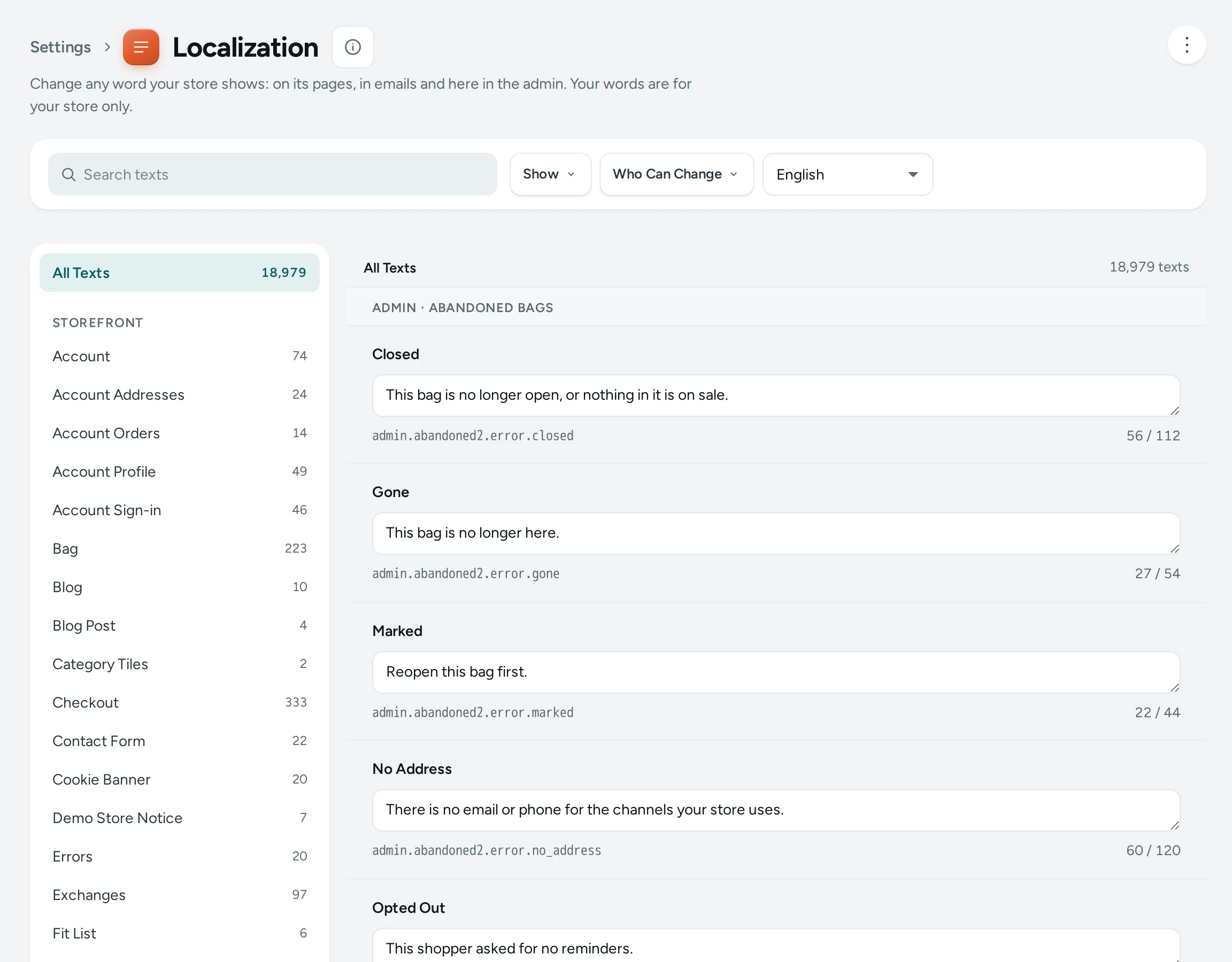 Localization on Kosha, searching texts
