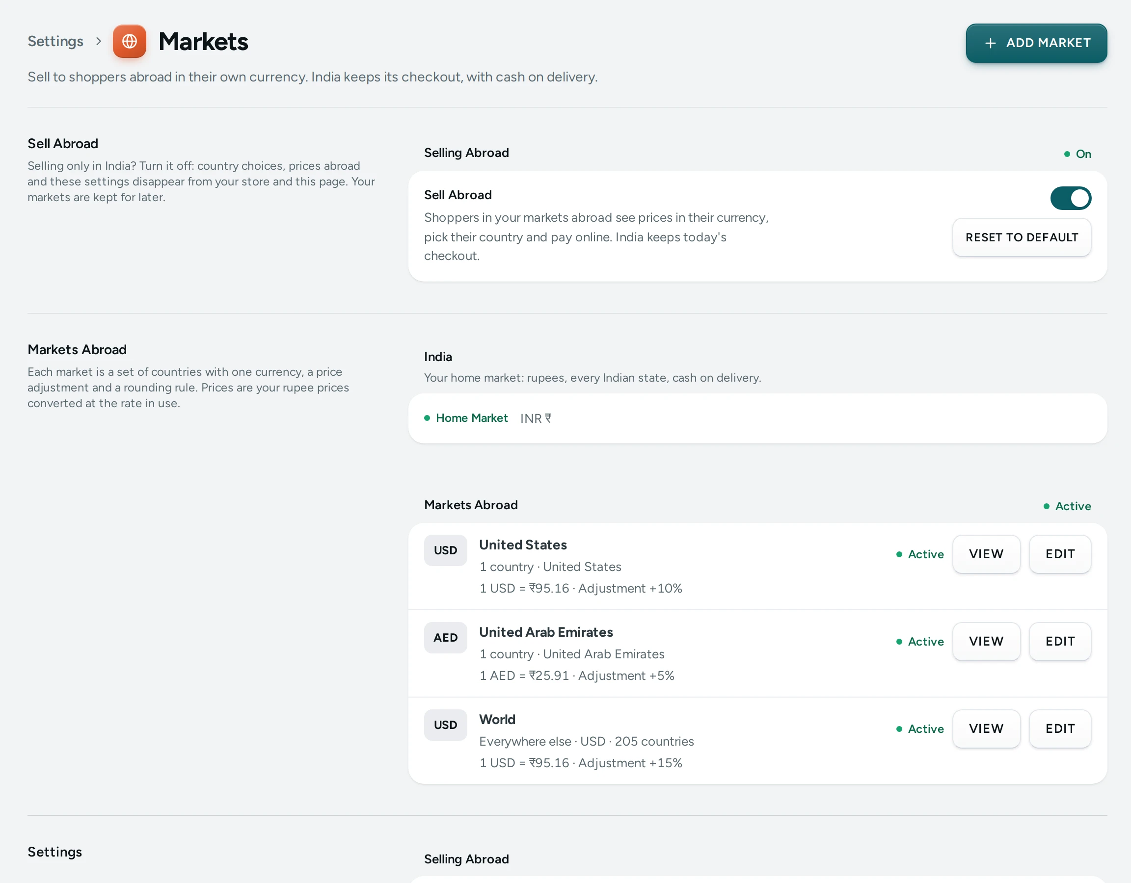 Settings › Markets on the Kosha demo store, with India and three markets abroad