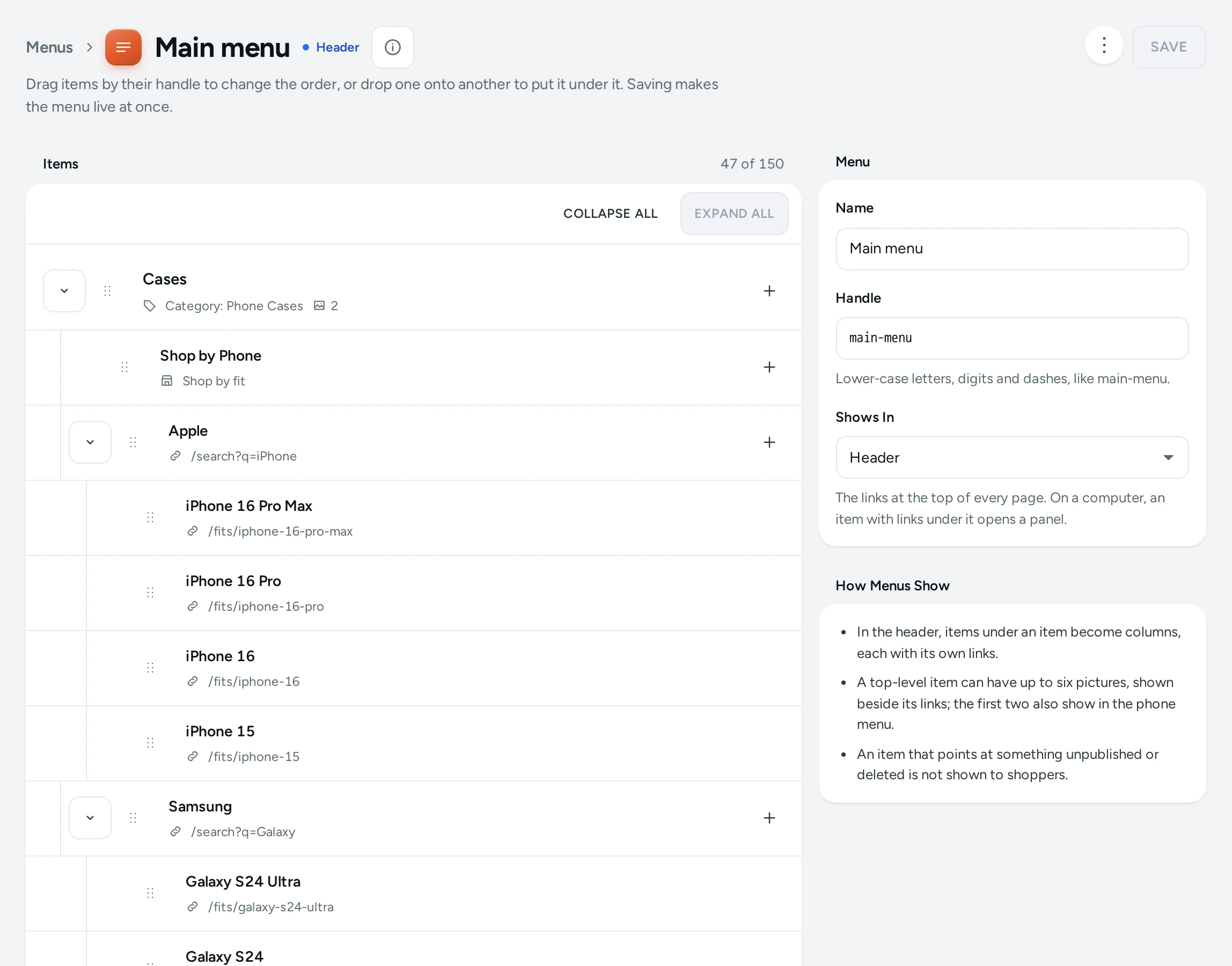 The menu editor: the menu's name and place, and its items as a tree