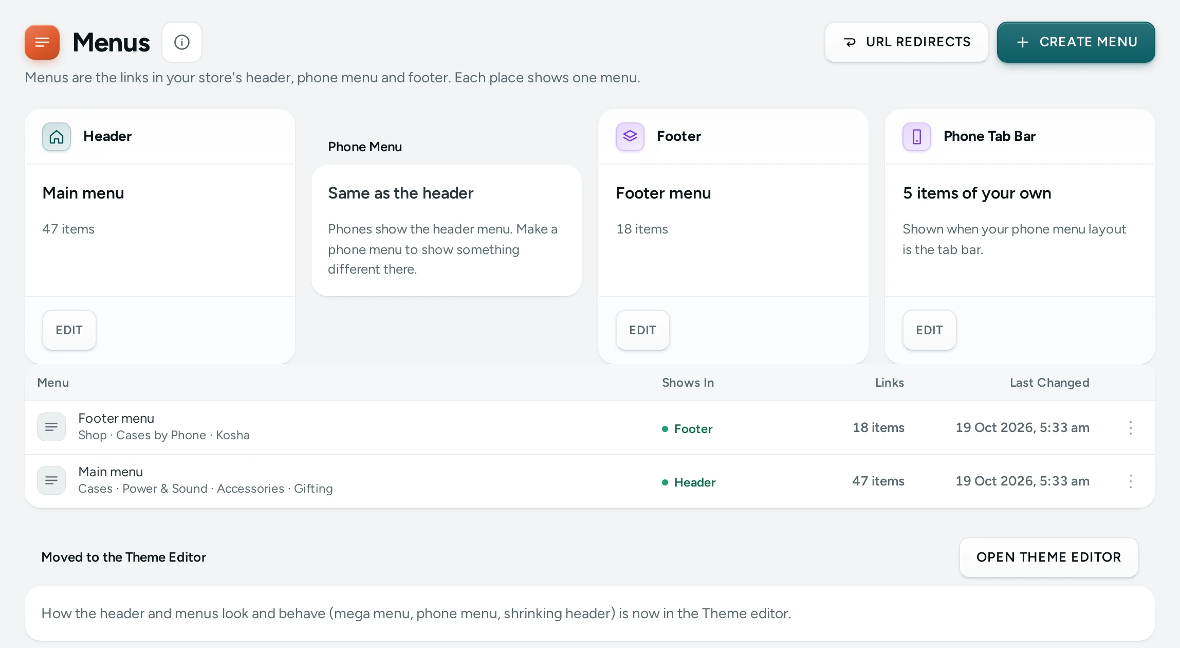 The Menus screen on the Kosha demo store: the header, phone menu and footer cards, and the list of menus