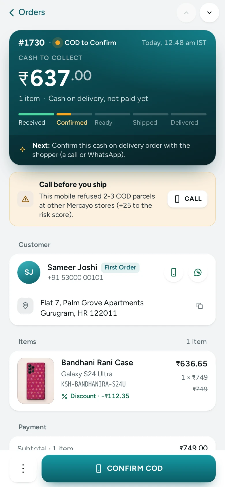 The same order on a phone, its cards in one column