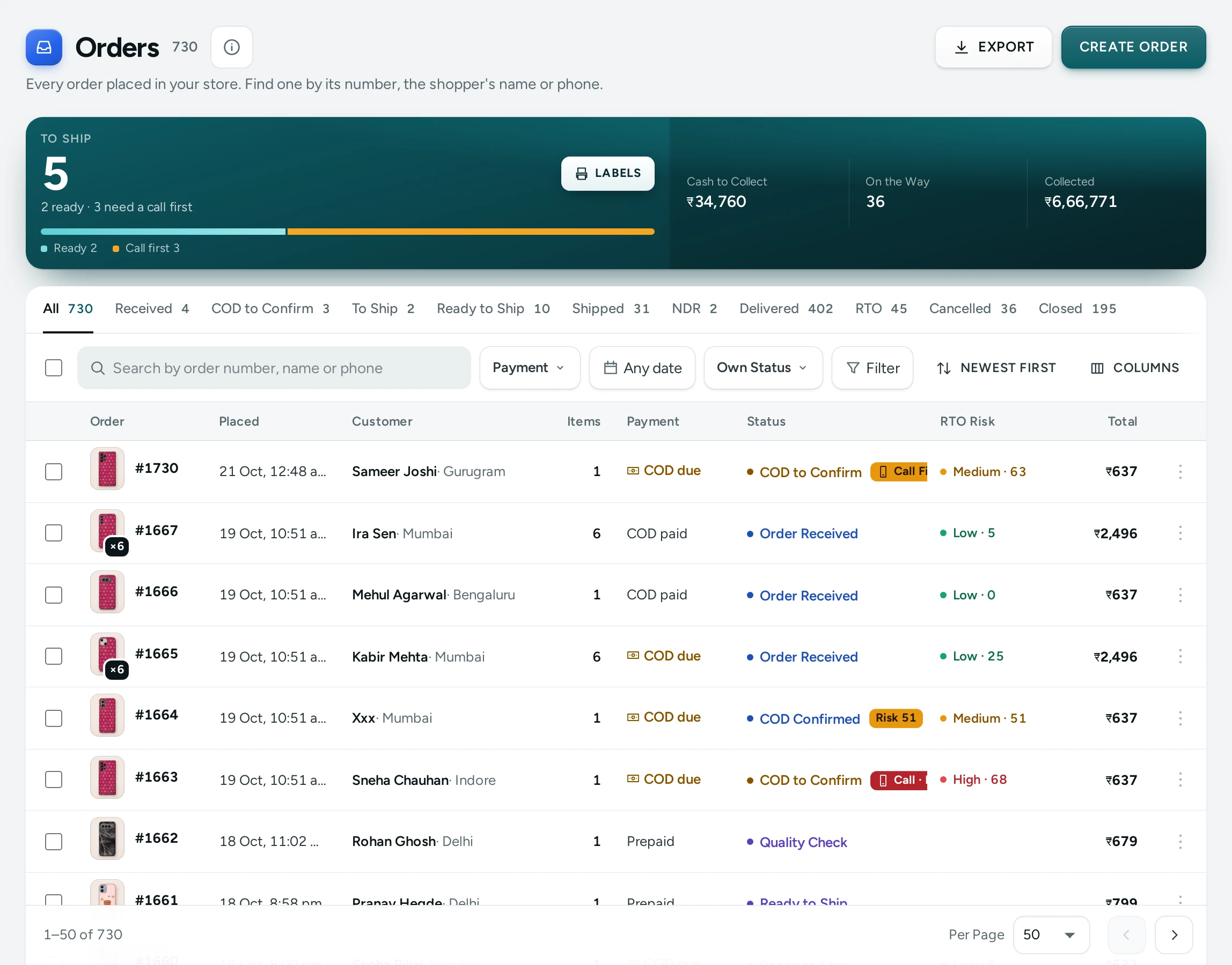 The Orders list on the Kosha demo store, with the summary strip, tabs and filters