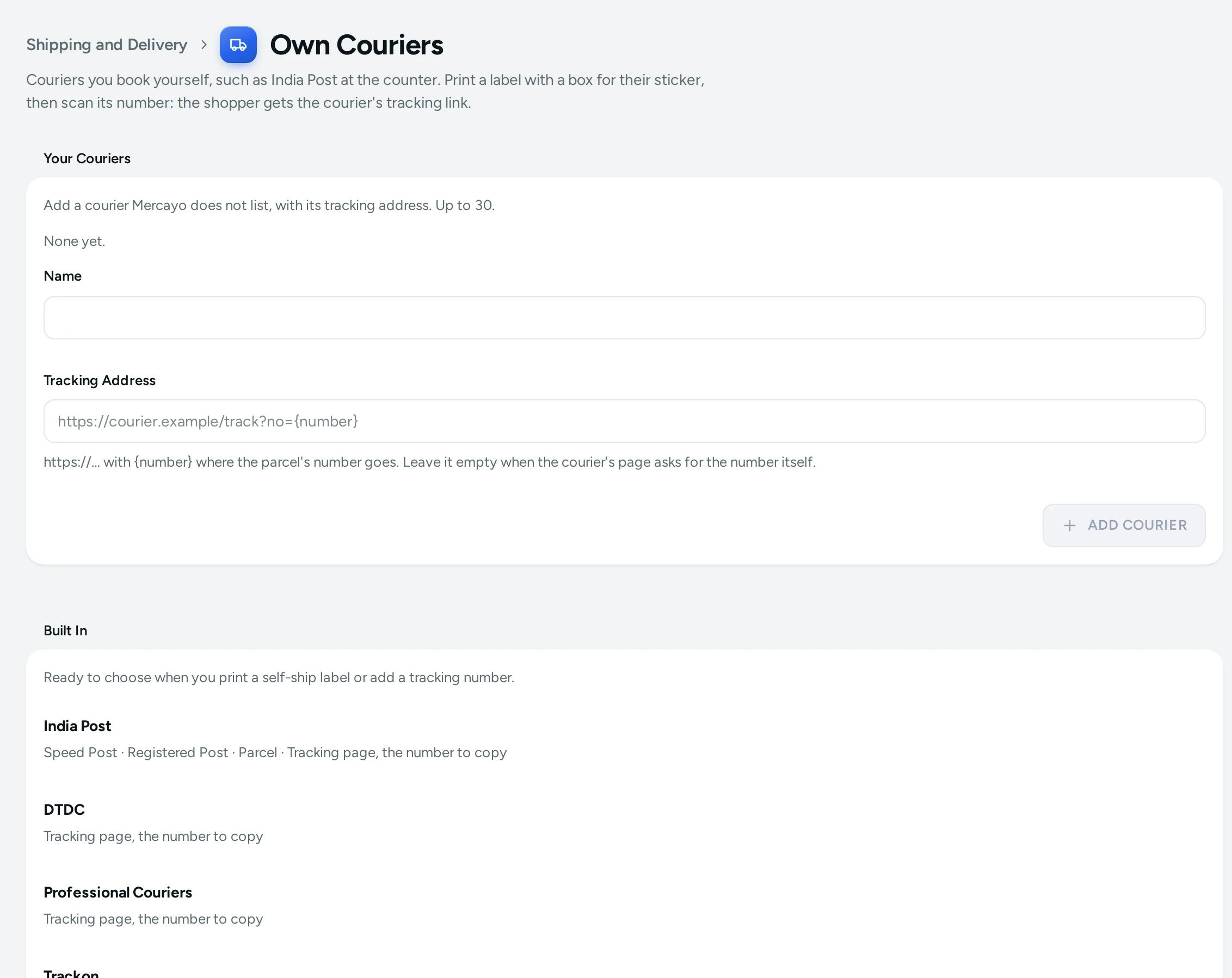 Own Couriers on the Kosha demo store