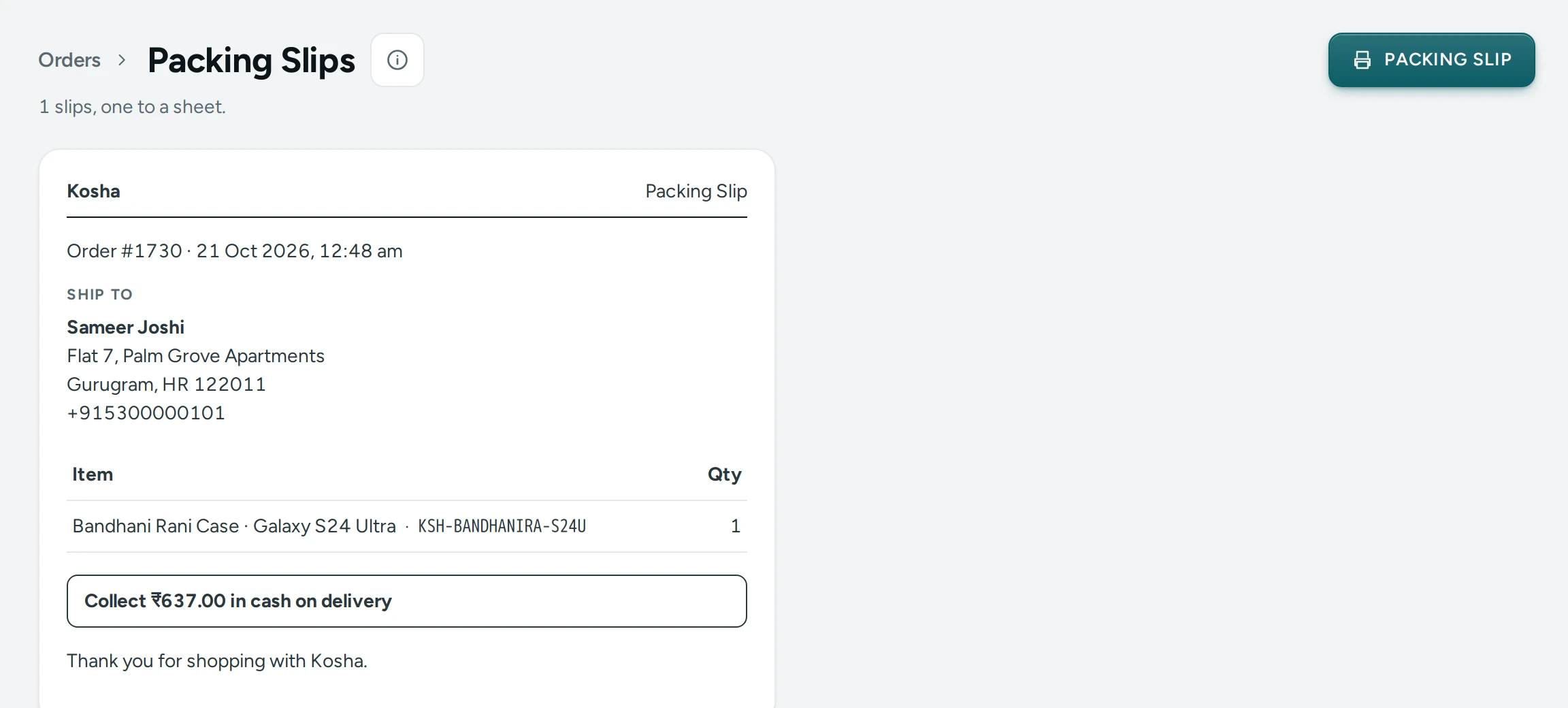 The Packing Slips page on the Kosha demo store, one slip per order