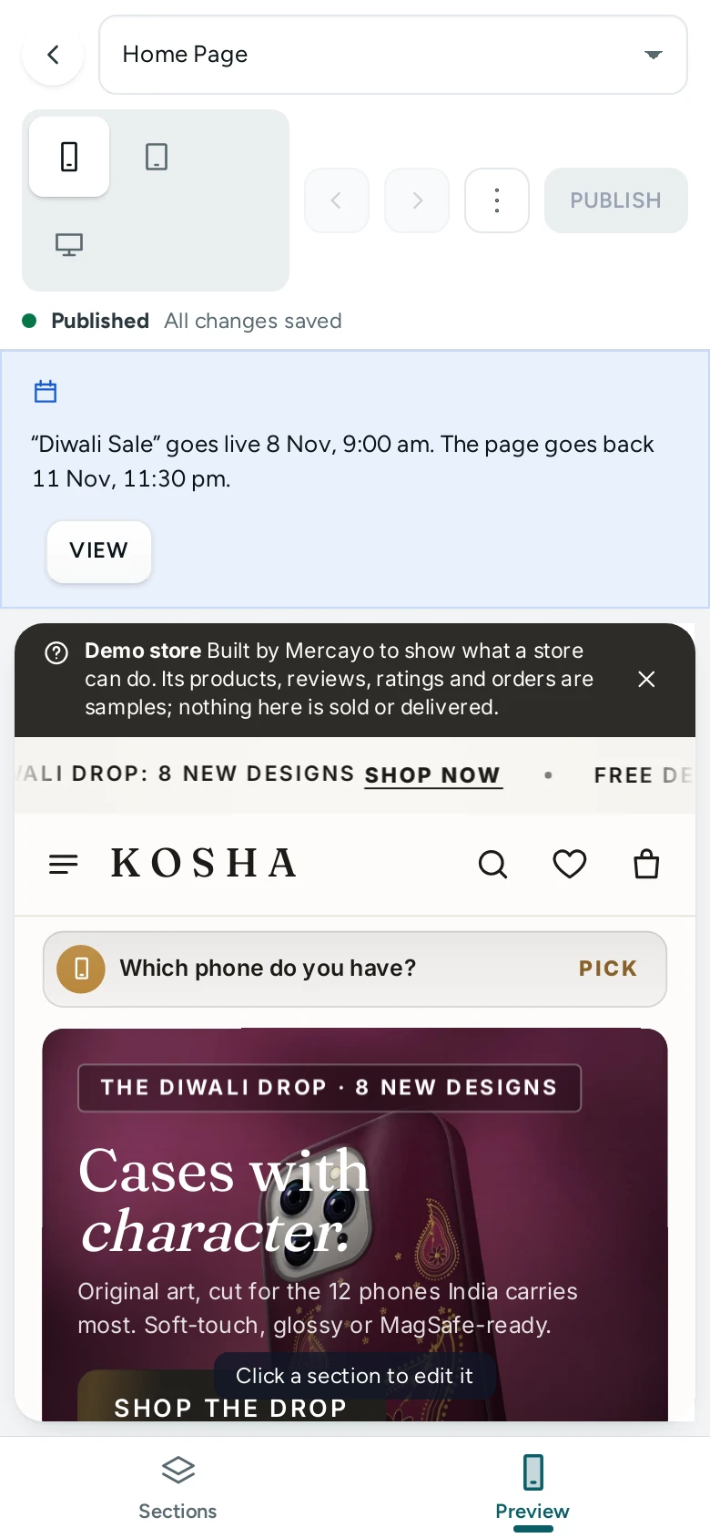 The Editor on a phone, with the Sections and Preview tabs