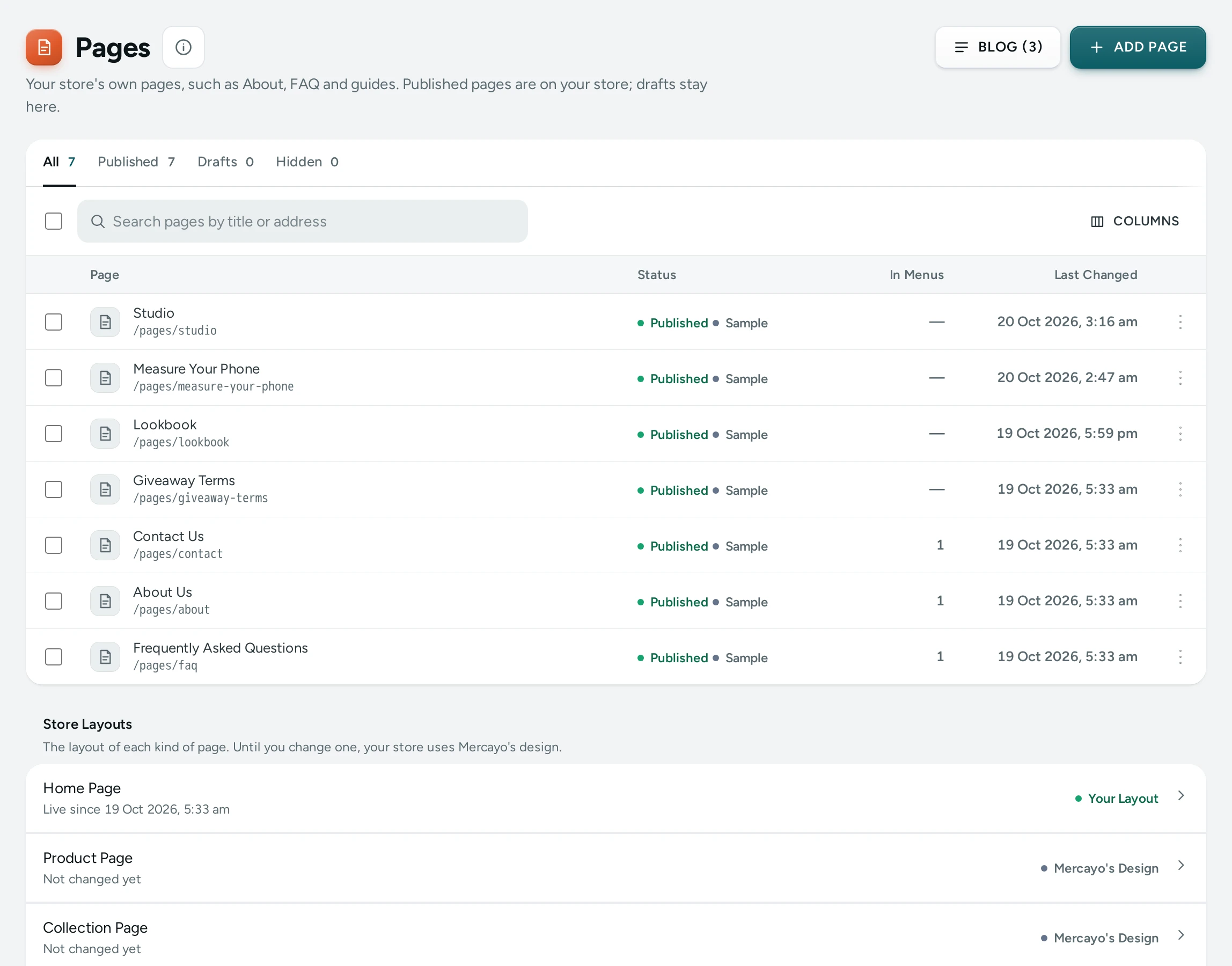 The Pages screen on the Kosha demo store: the list of pages with their status, and the store layouts below