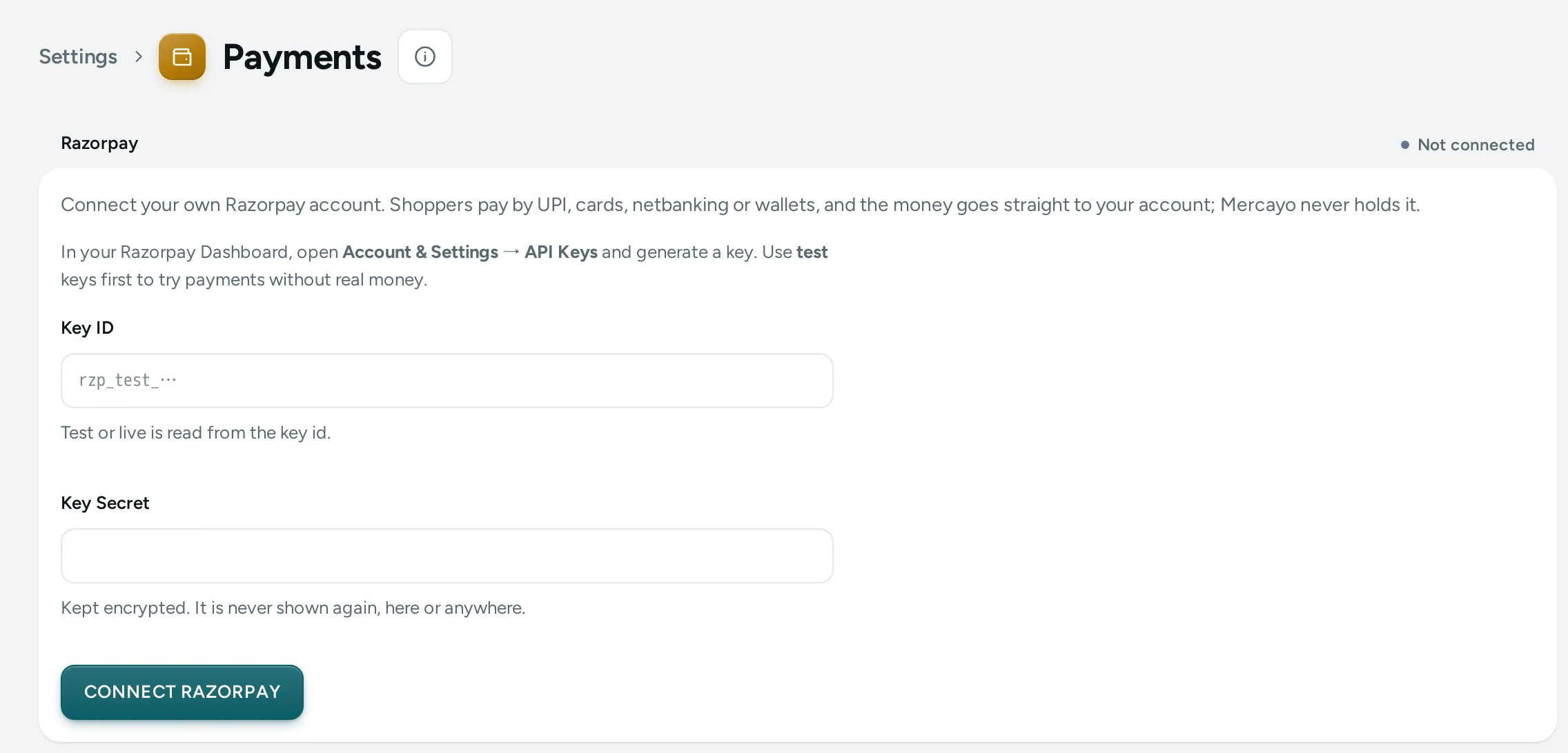 The Payments screen on the Kosha demo store