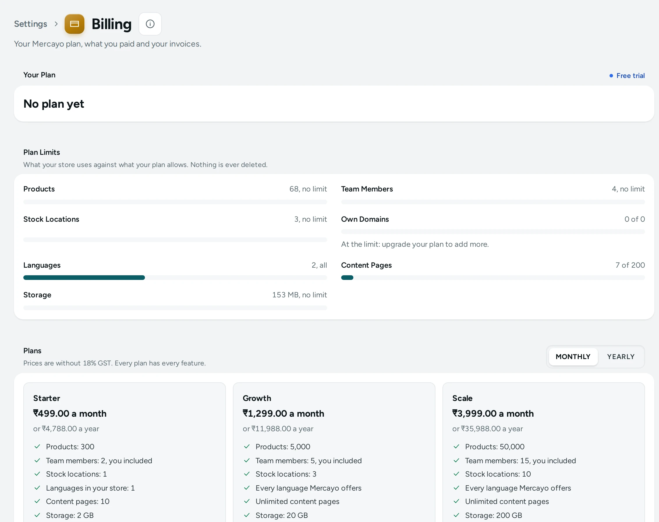 Settings › Billing on a store