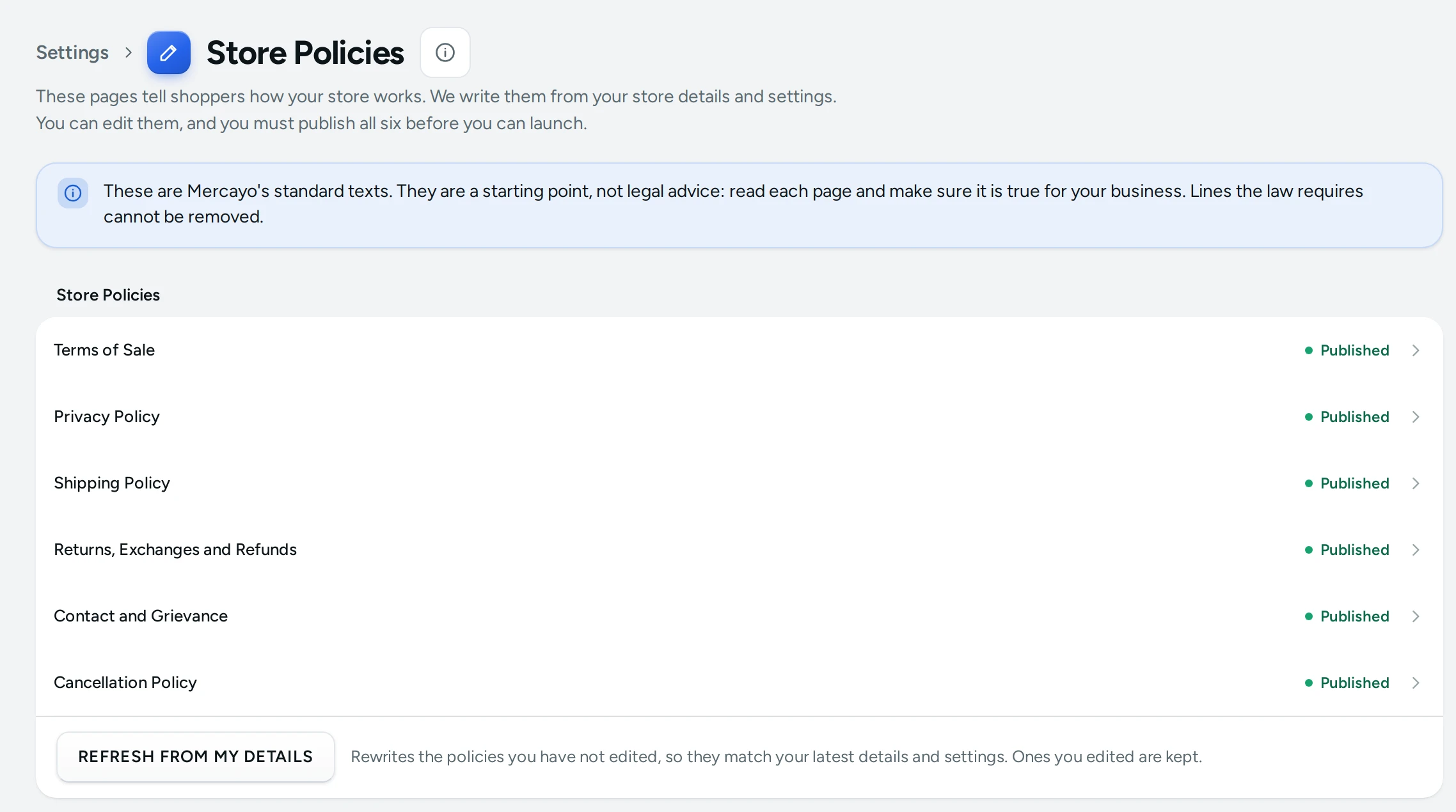 Store Policies on the Kosha demo store, with all six published