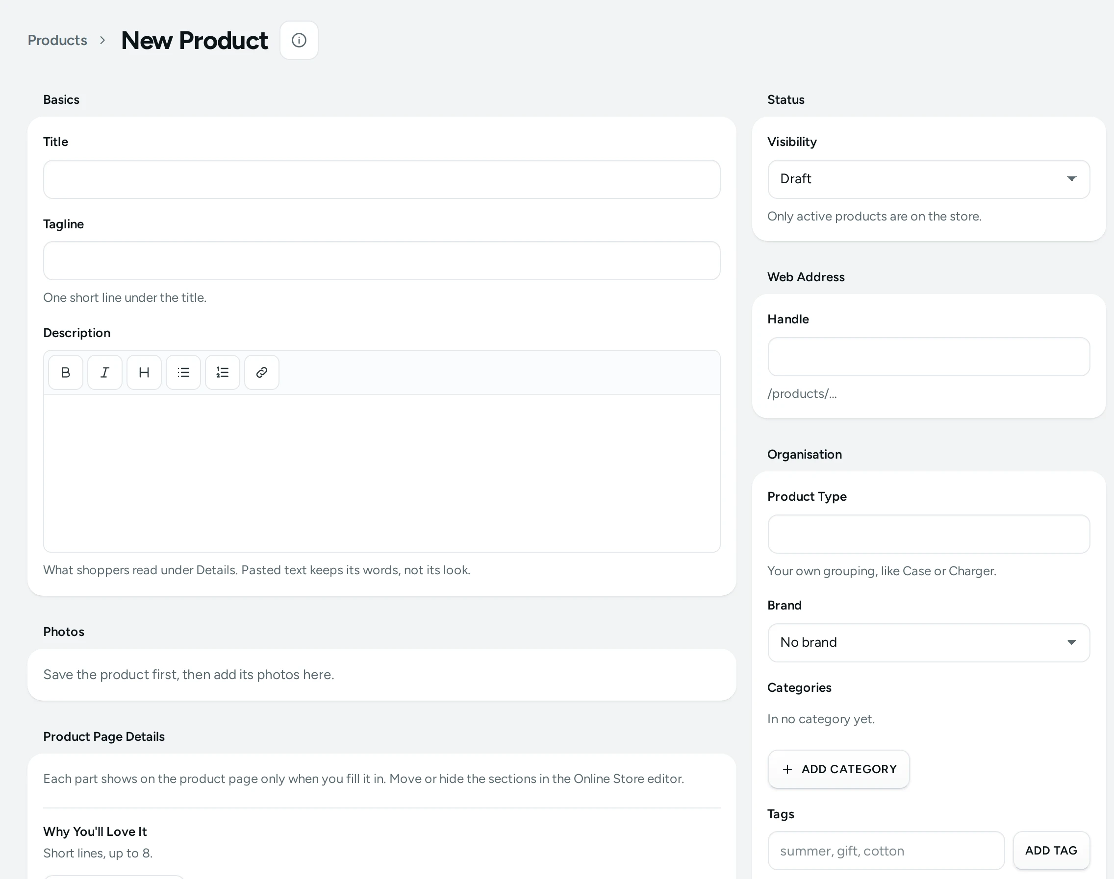 A new product in the editor, before its first save