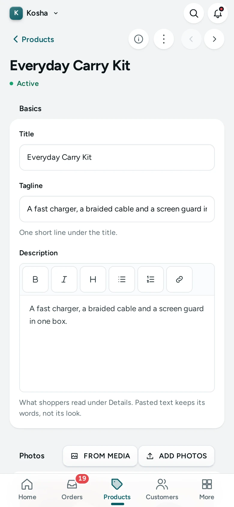 The product editor on a phone, cards in one column