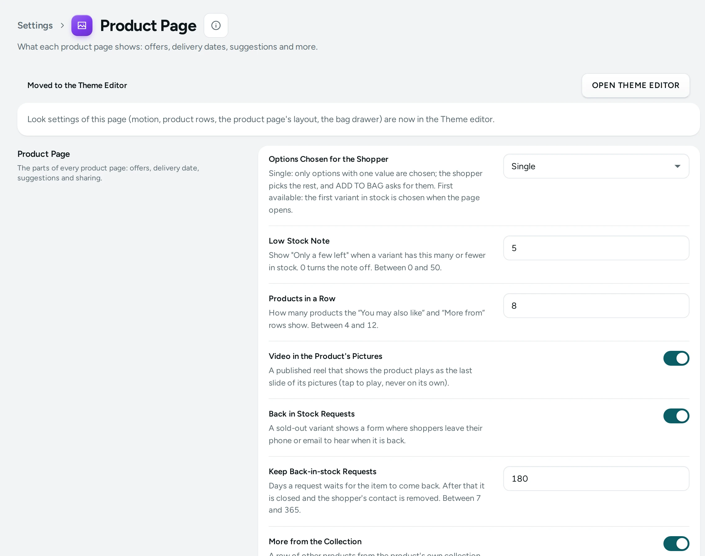 Settings › Product Page