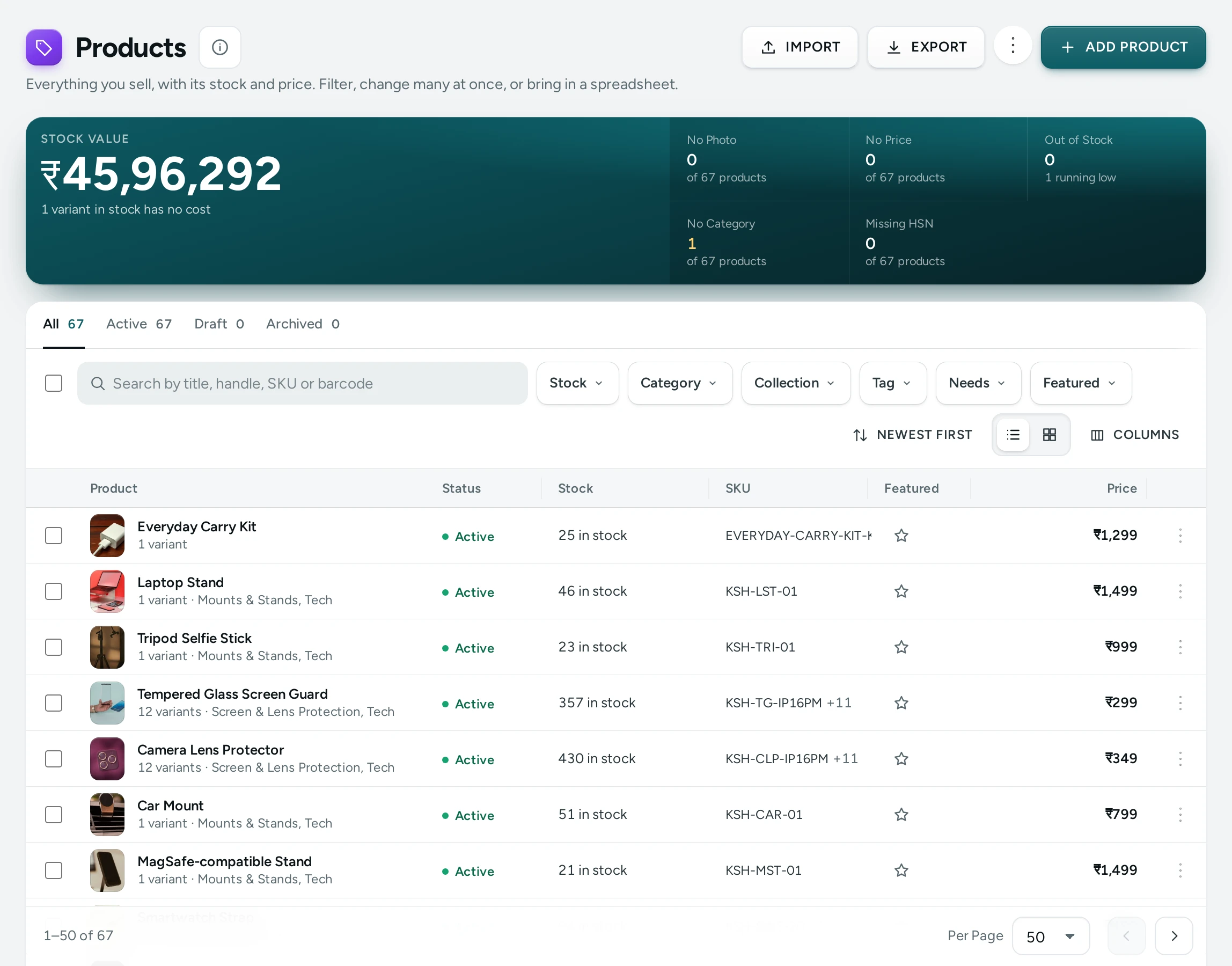 The products list on the Kosha demo store, with the catalogue health strip above the table