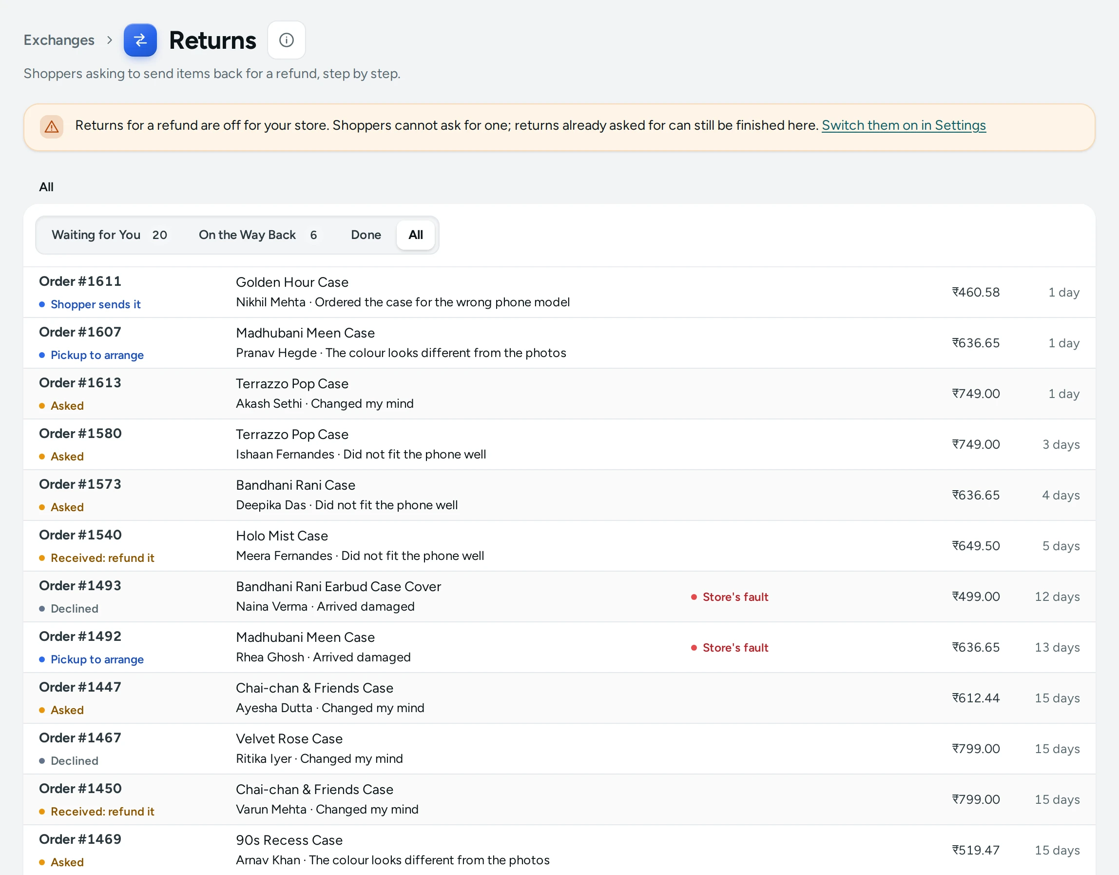 Every return on the Kosha demo store, on the All tab