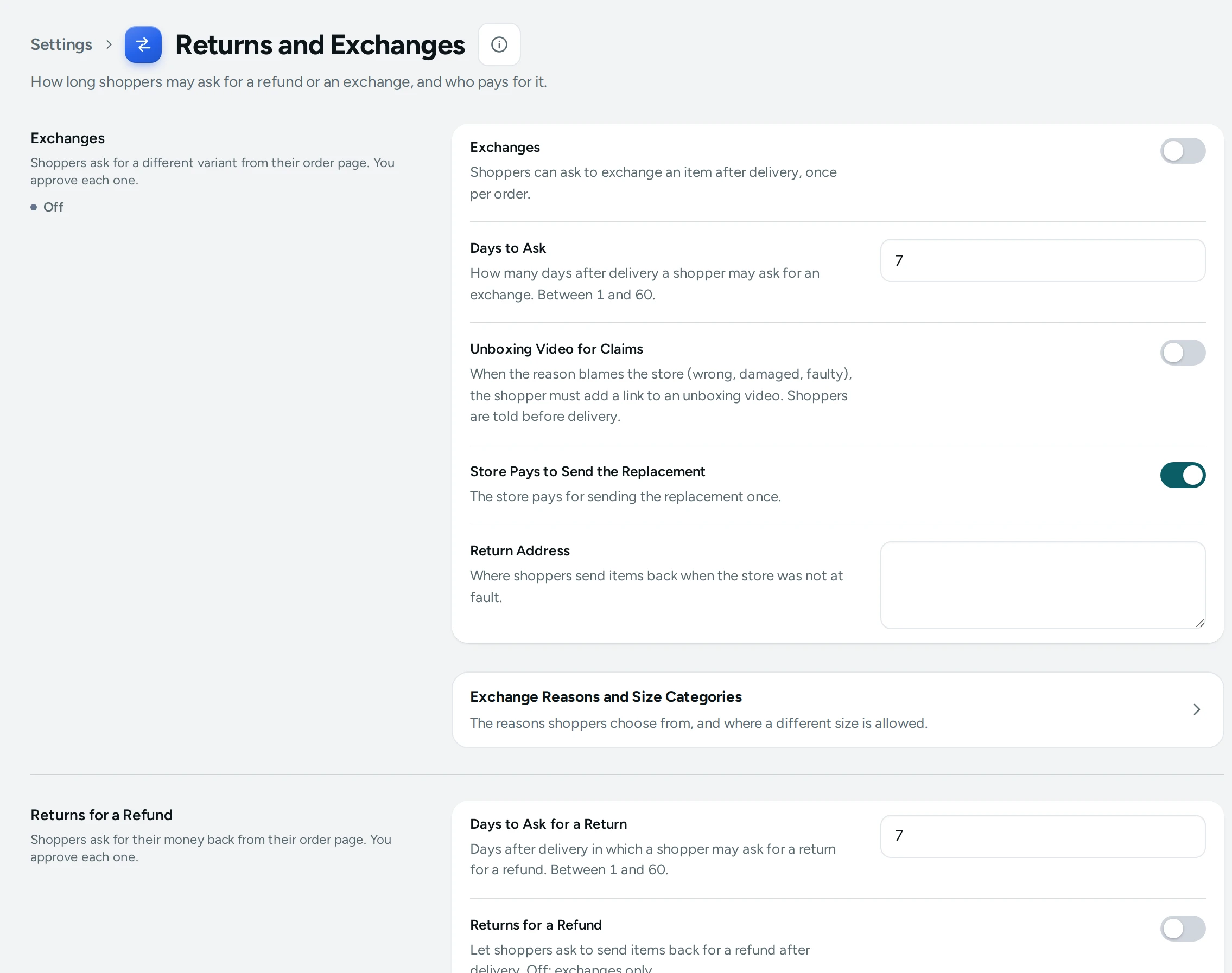 Settings › Returns and Exchanges