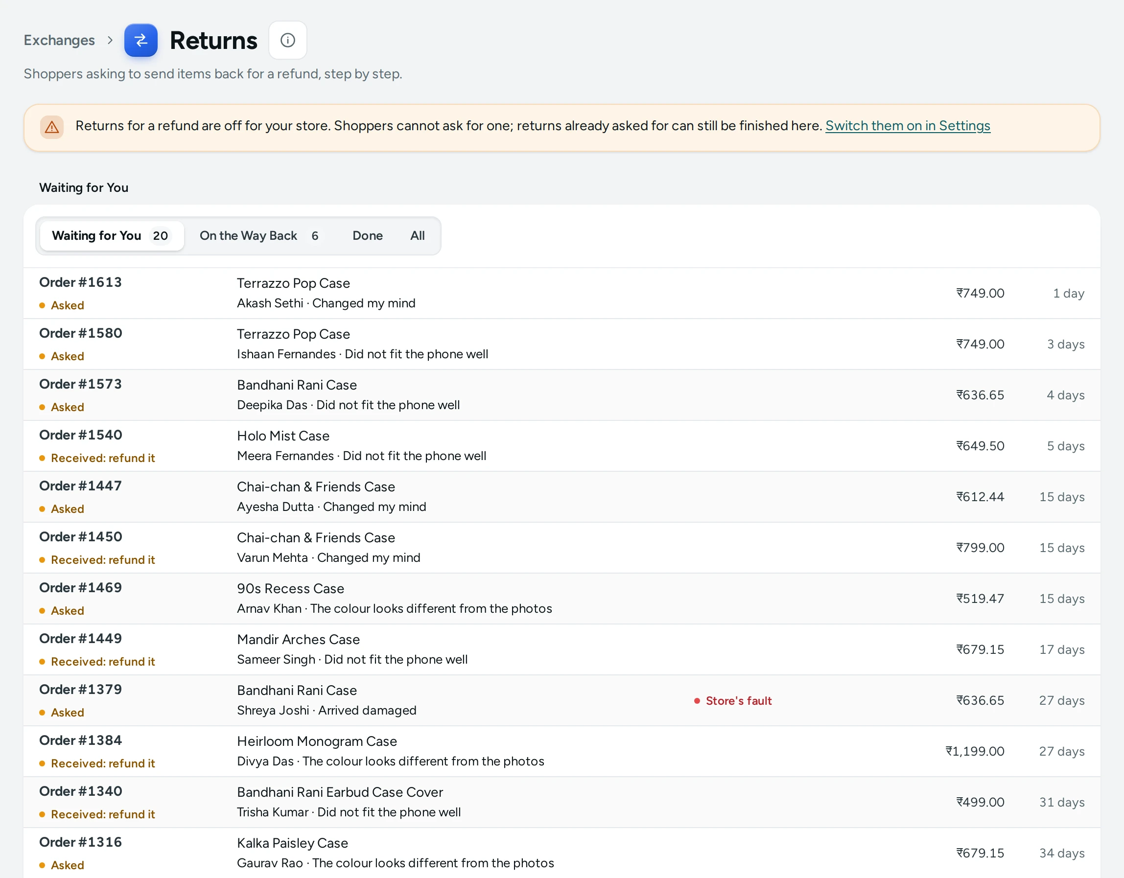 The Returns queue on the Kosha demo store, on the Waiting for You tab