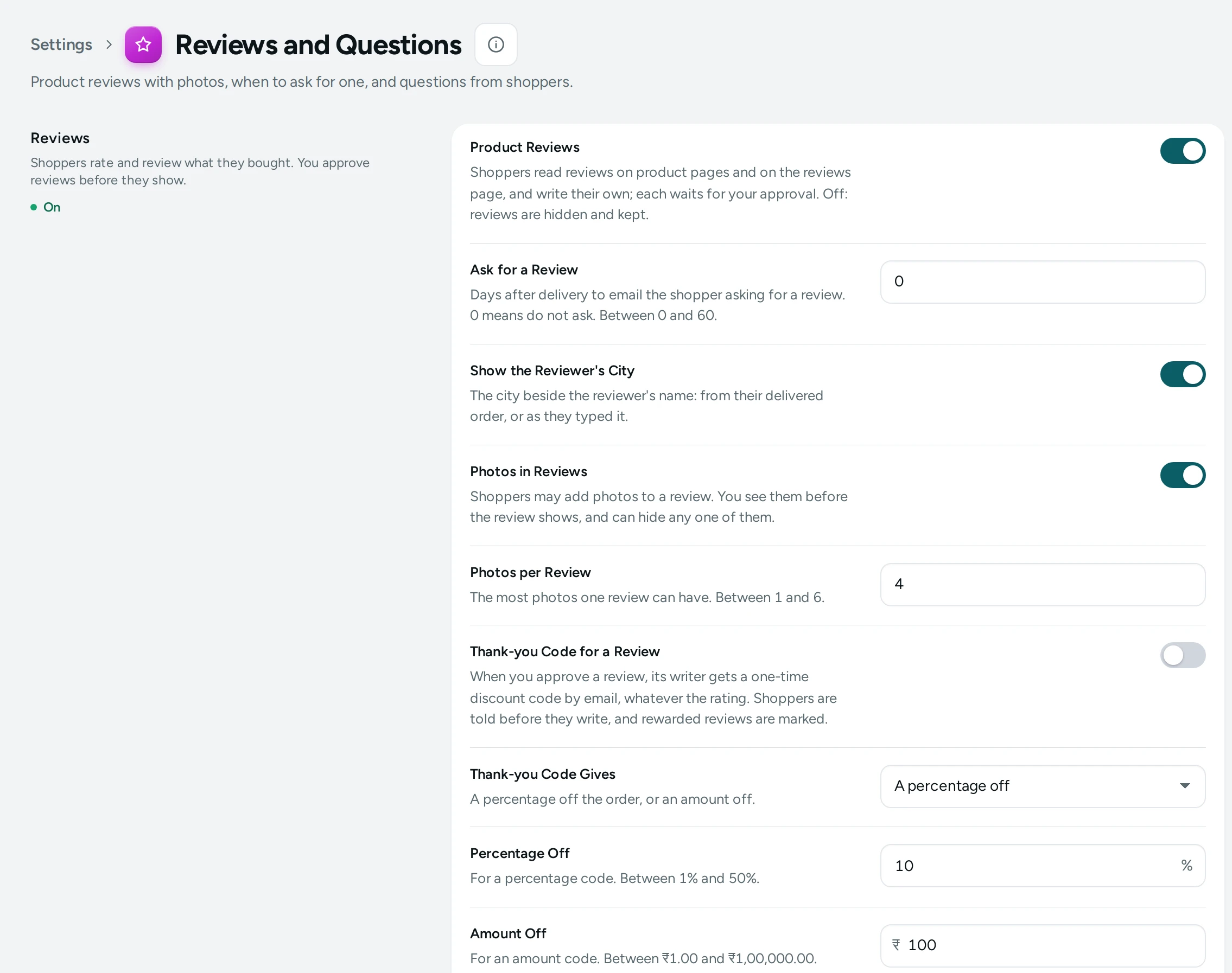 Settings › Reviews and Questions