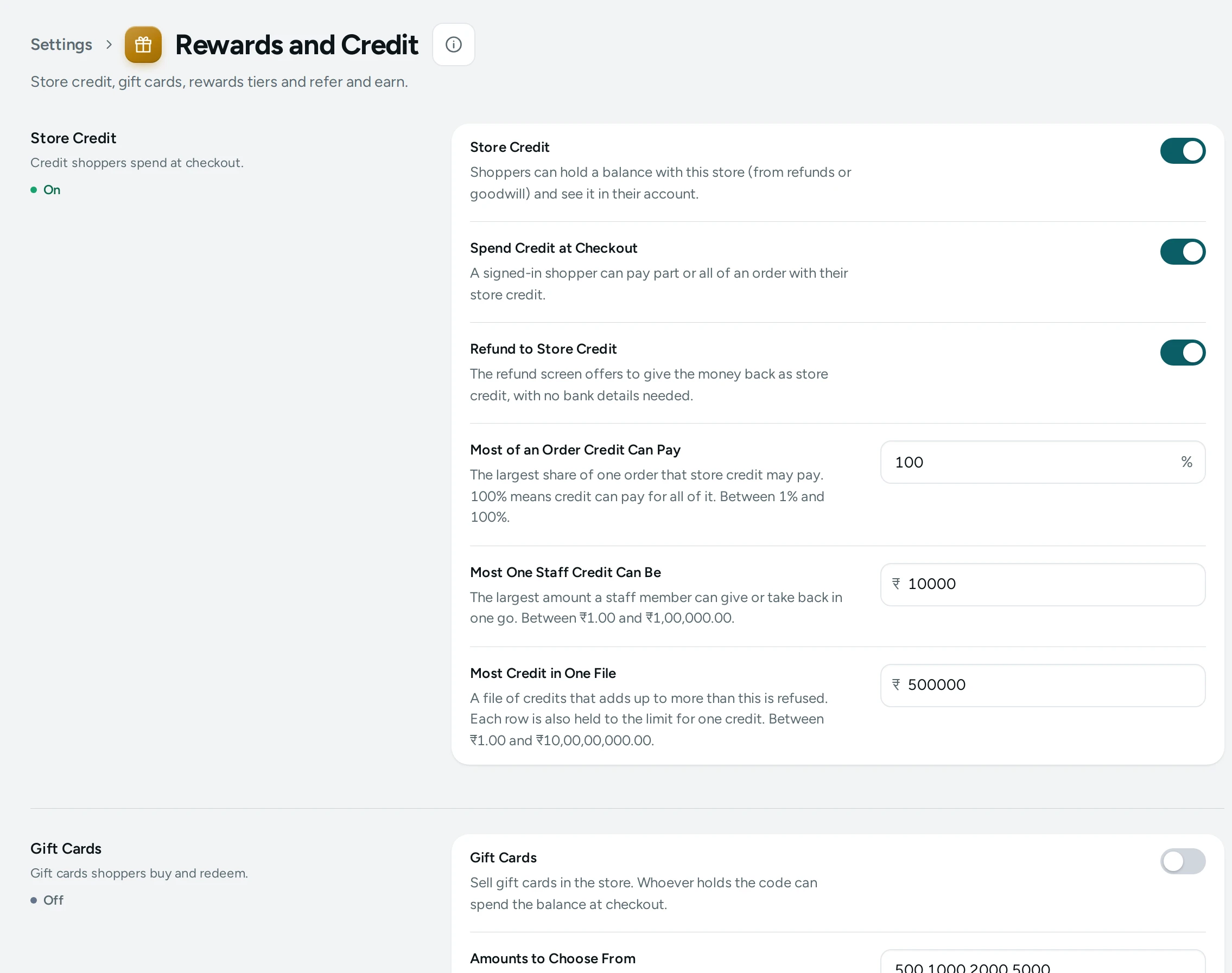 Settings › Rewards and Credit