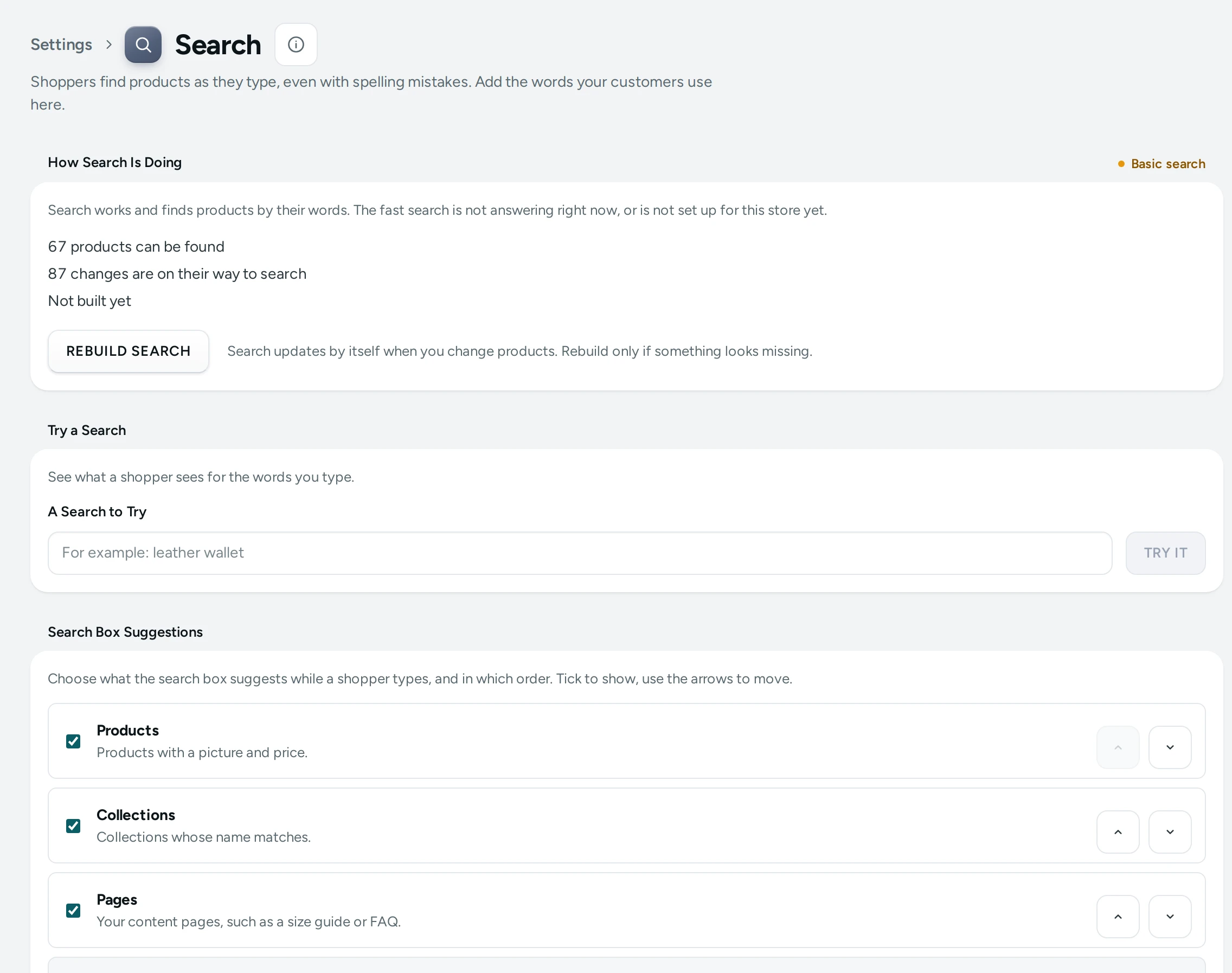 The Search screen on the Kosha demo store: how search is doing, try a search, suggestions, synonyms and pinned products