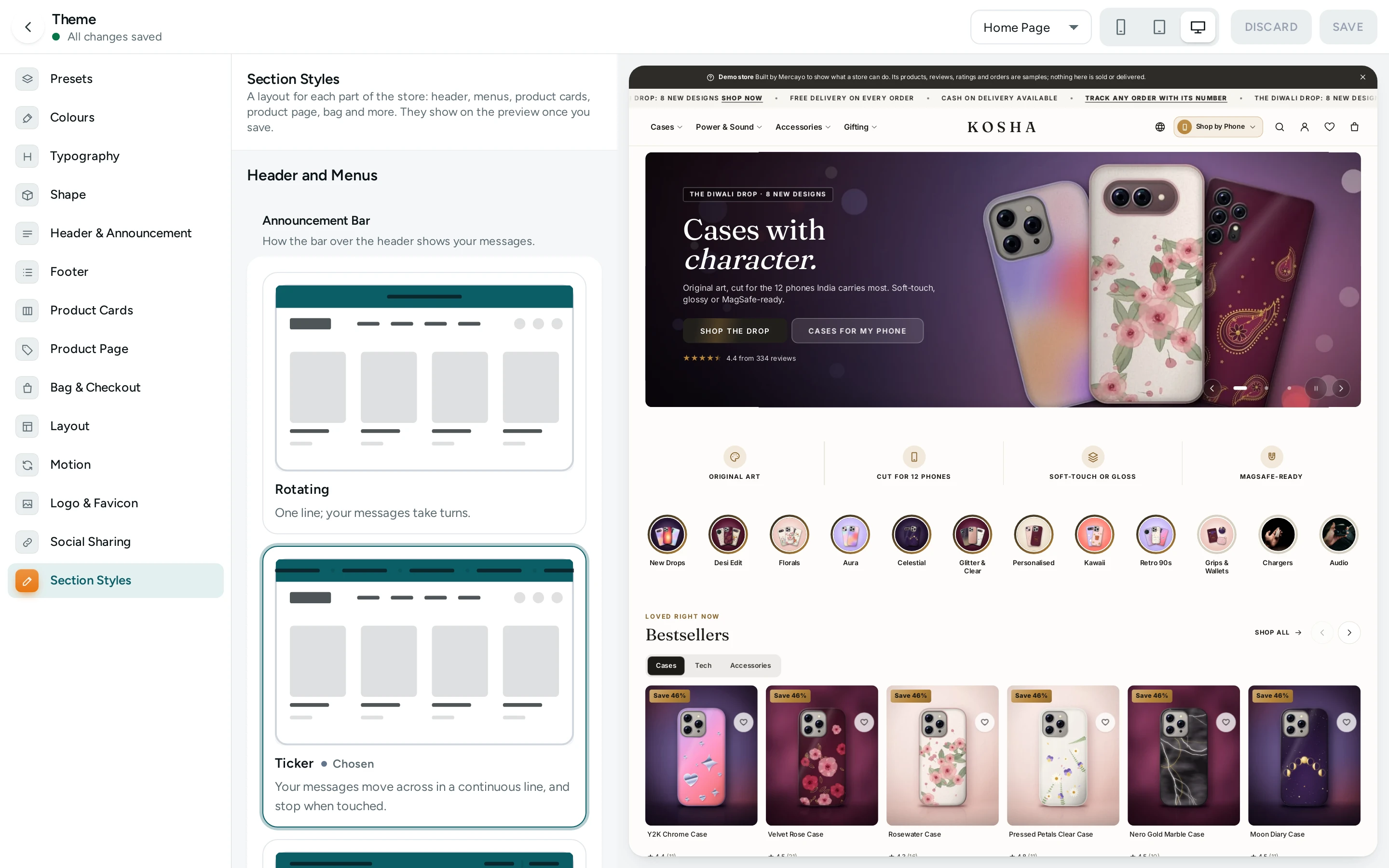 Section Styles in the Theme screen, with a drawn picture of each layout for every part of the store
