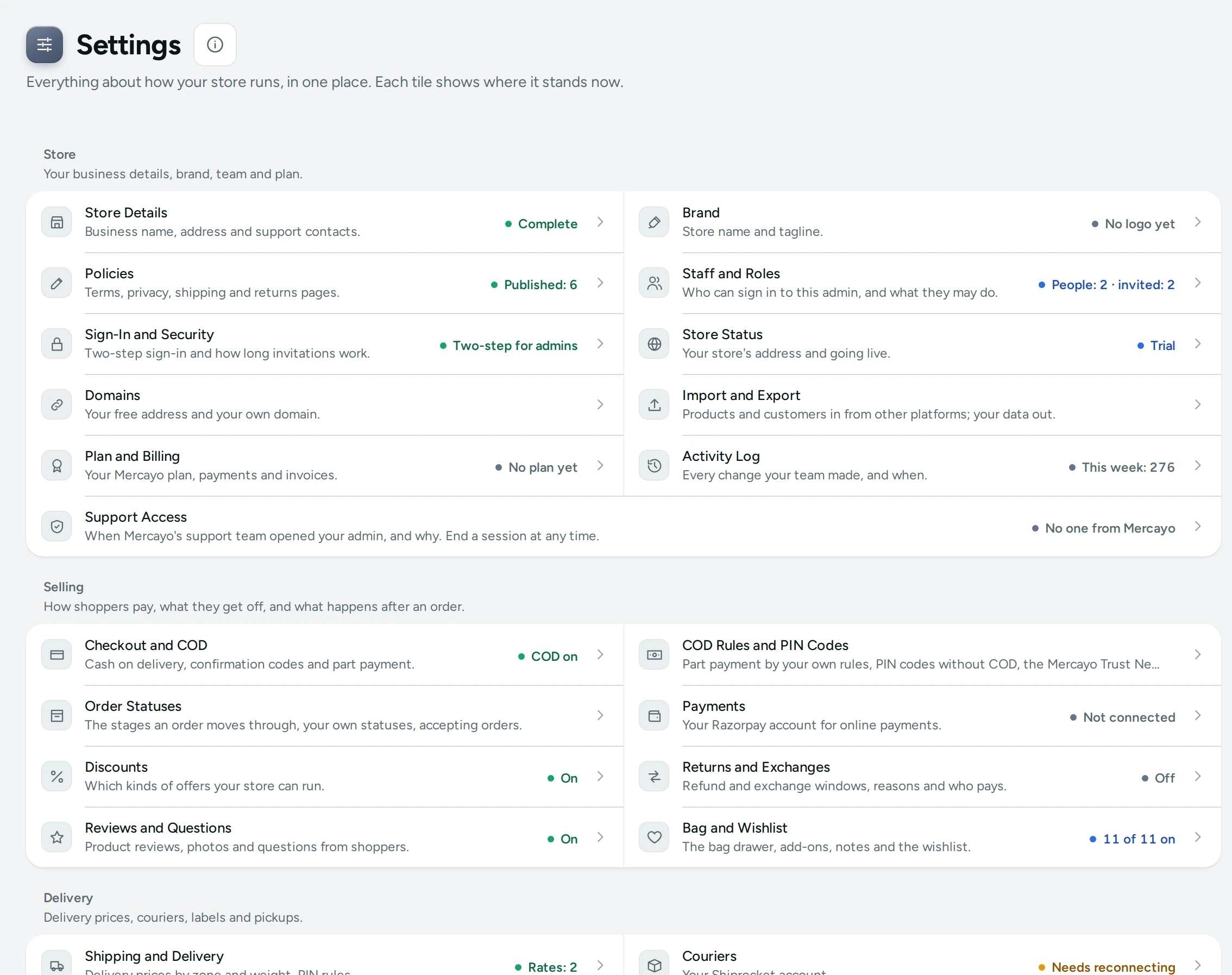 The Settings home on the Kosha demo store, with its groups of tiles
