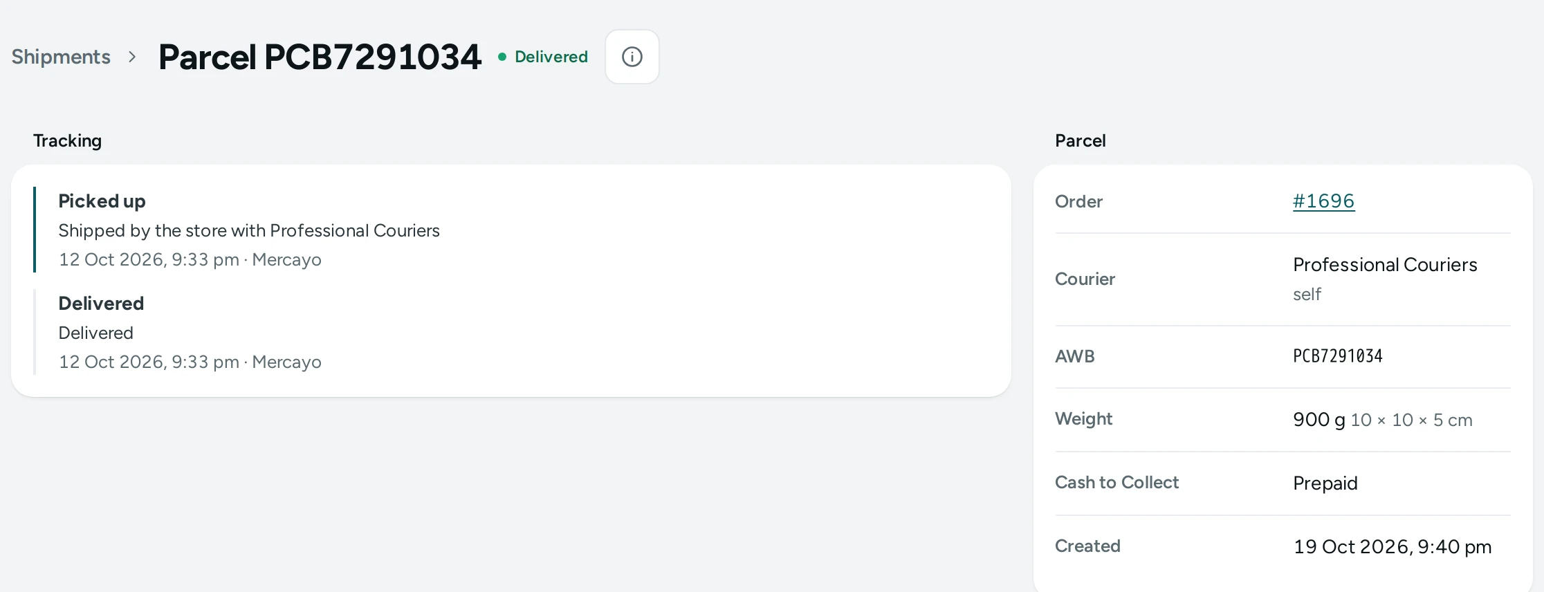 A parcel on the Kosha demo store: the tracking timeline and the parcel's details