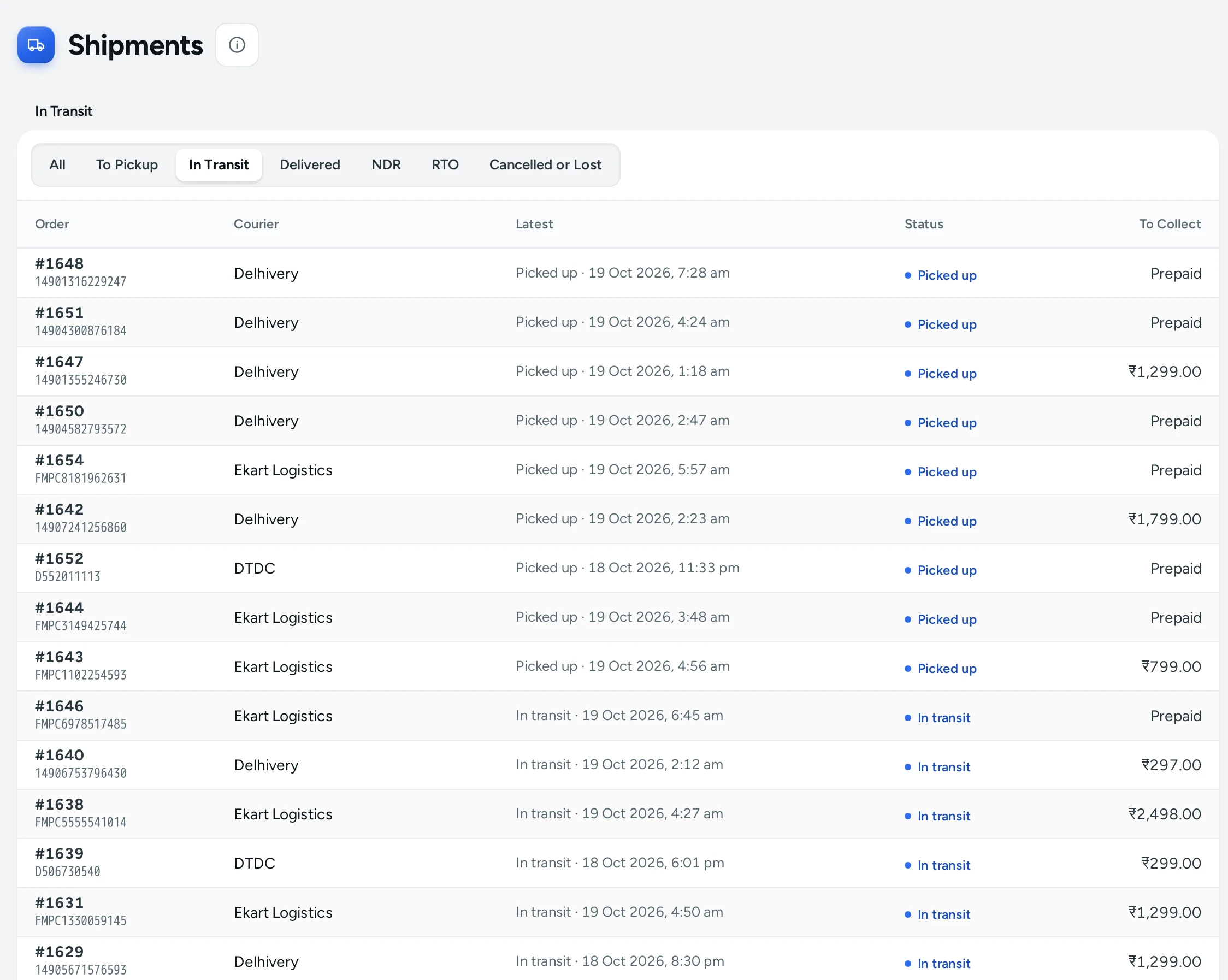 Parcels in transit on the Kosha demo store
