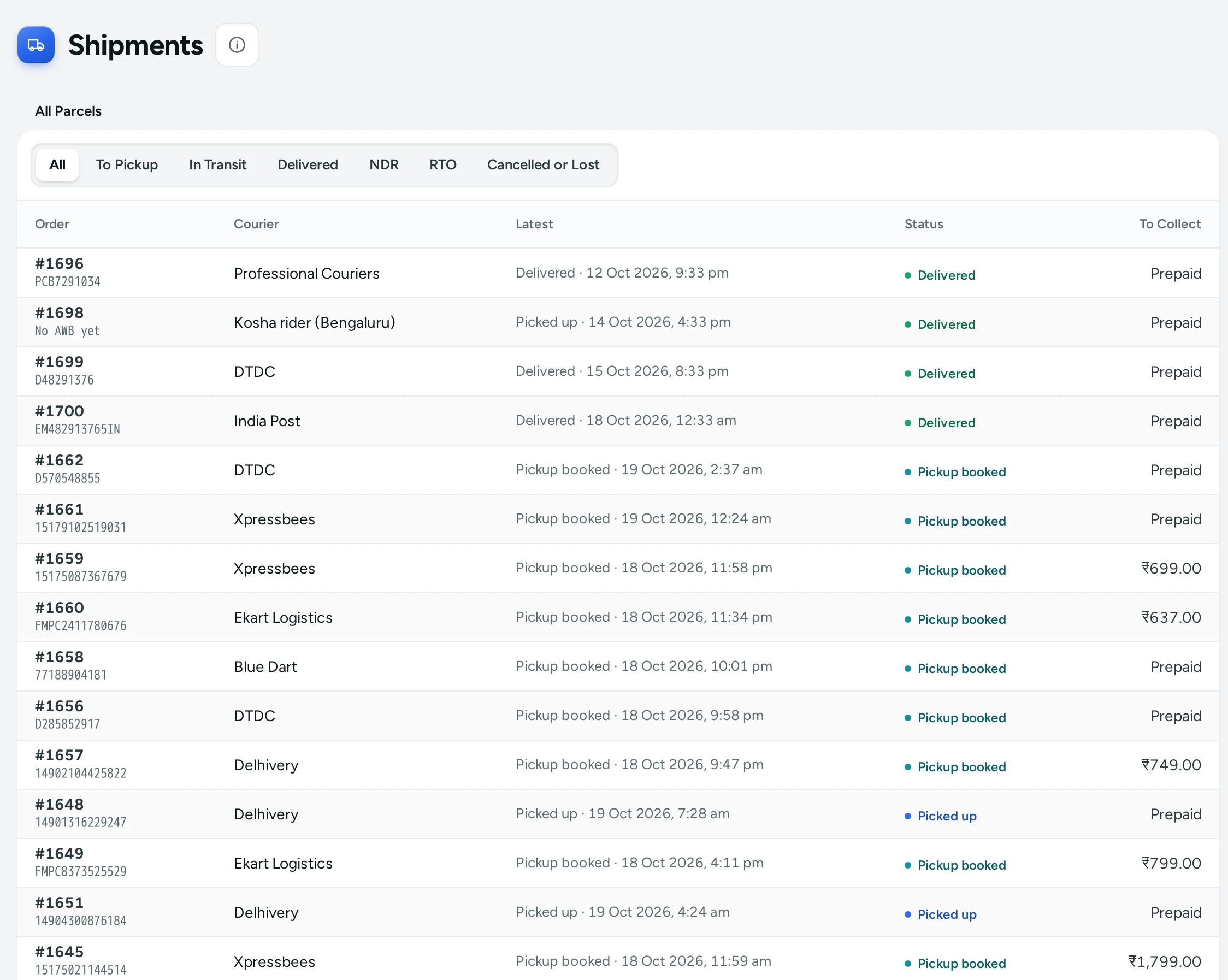 The Shipments screen on the Kosha demo store, with the stage tabs and the parcel list