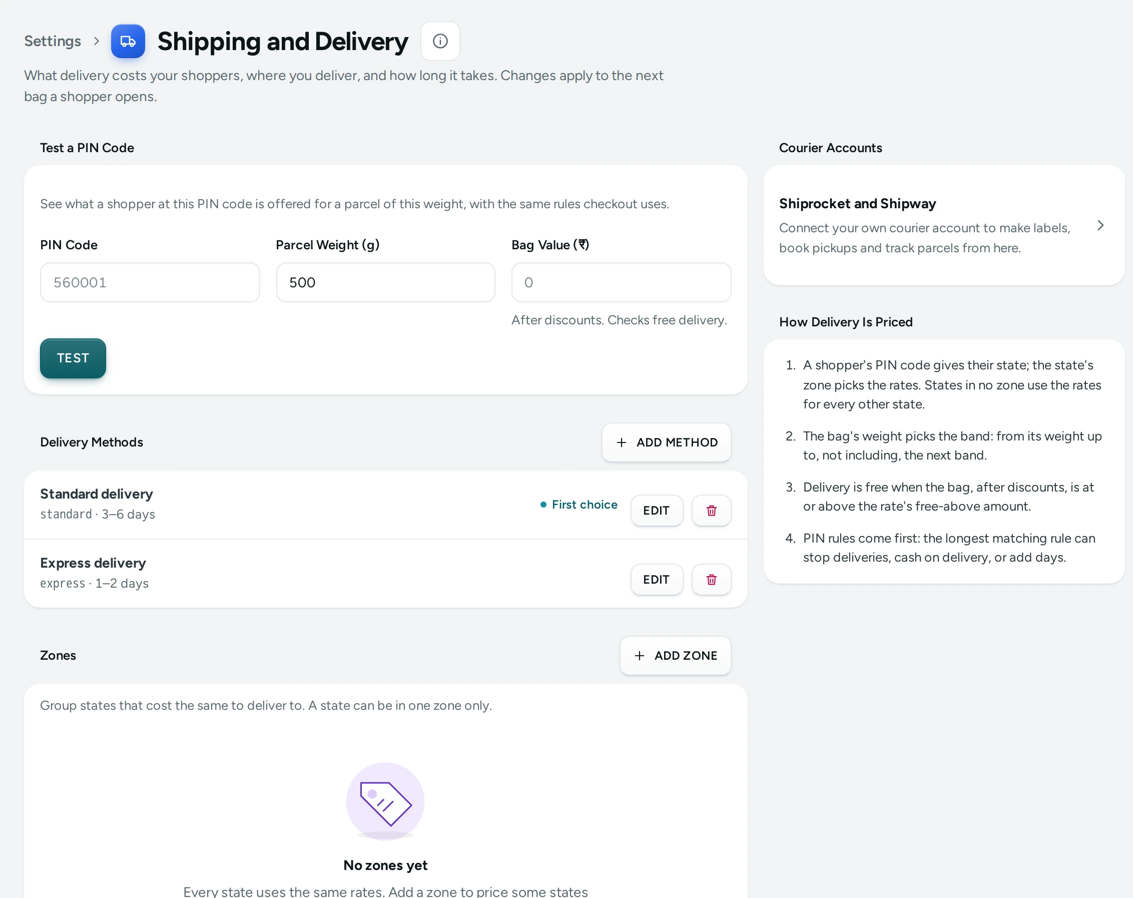 Shipping and Delivery on the Kosha demo store: methods, zones, rates and PIN rules