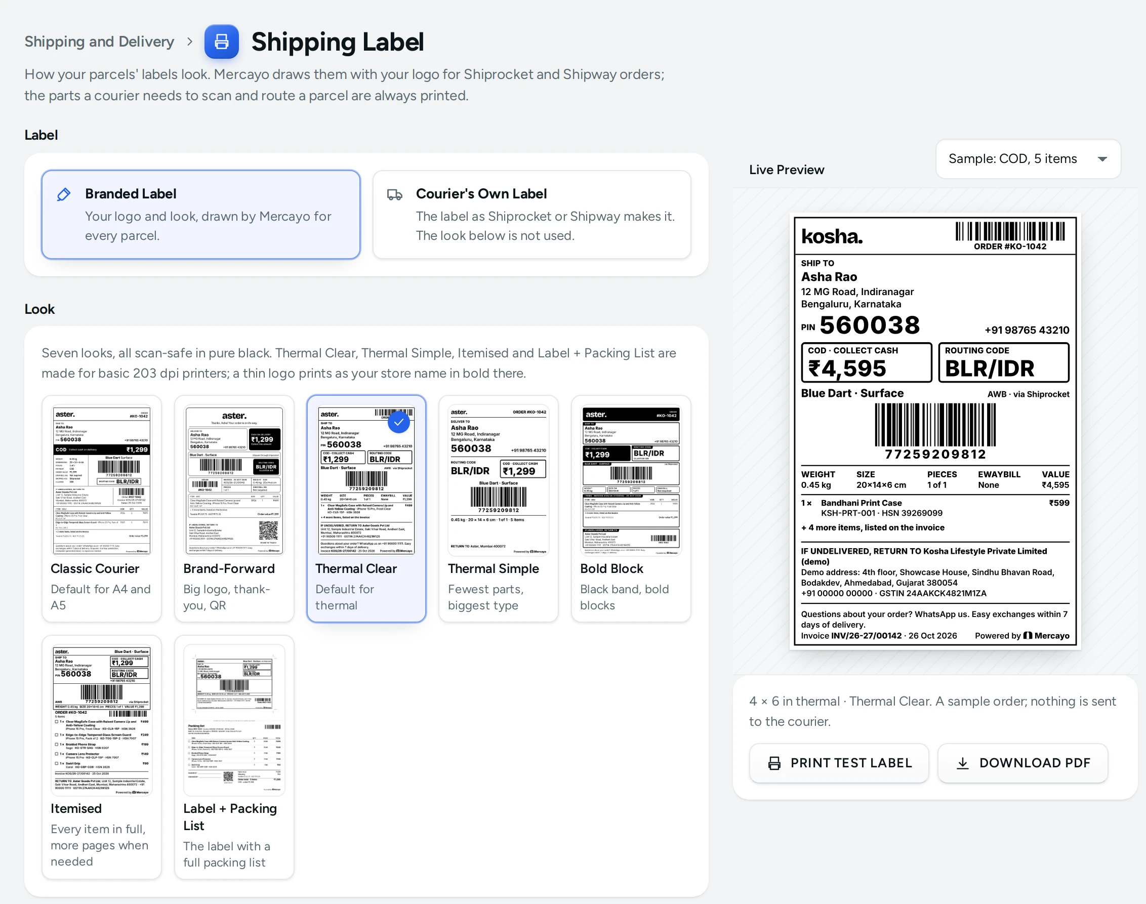 Shipping Label on the Kosha demo store, with the looks and the live preview