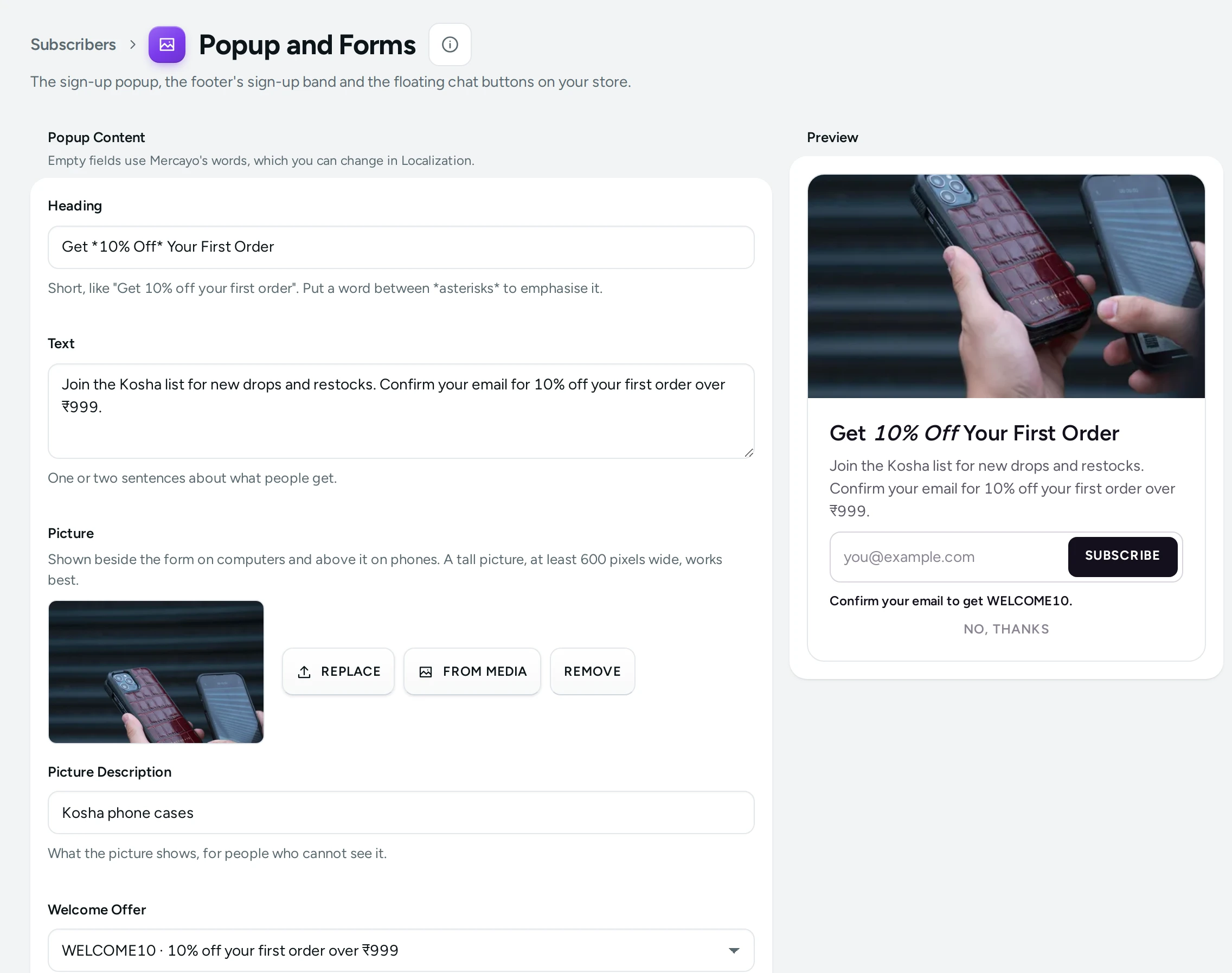 The Popup and Forms screen with its live preview