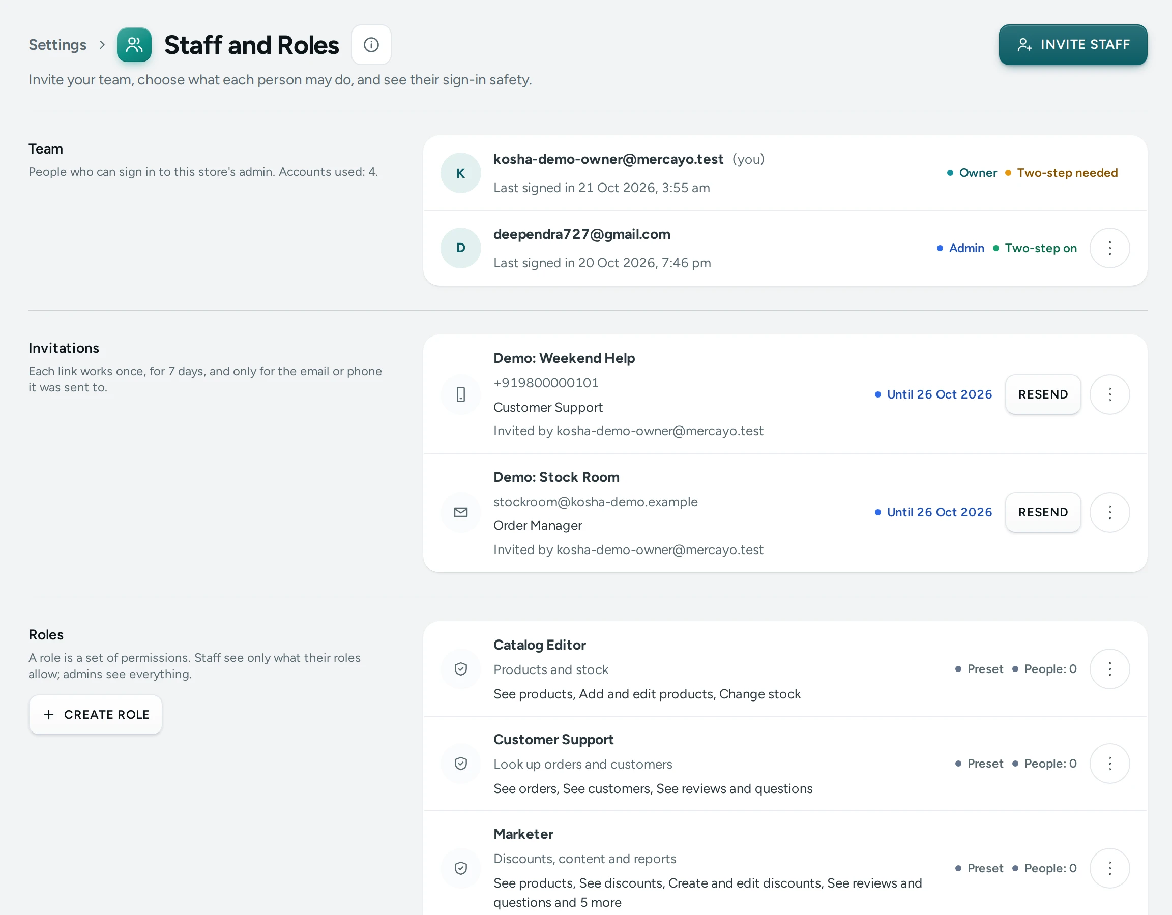 Staff and Roles on the Kosha demo store: the team, invitations and roles