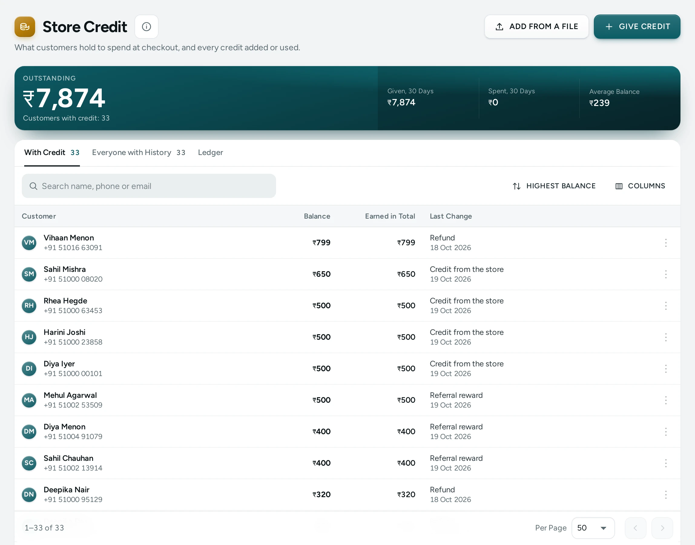 The Store Credit screen on Kosha